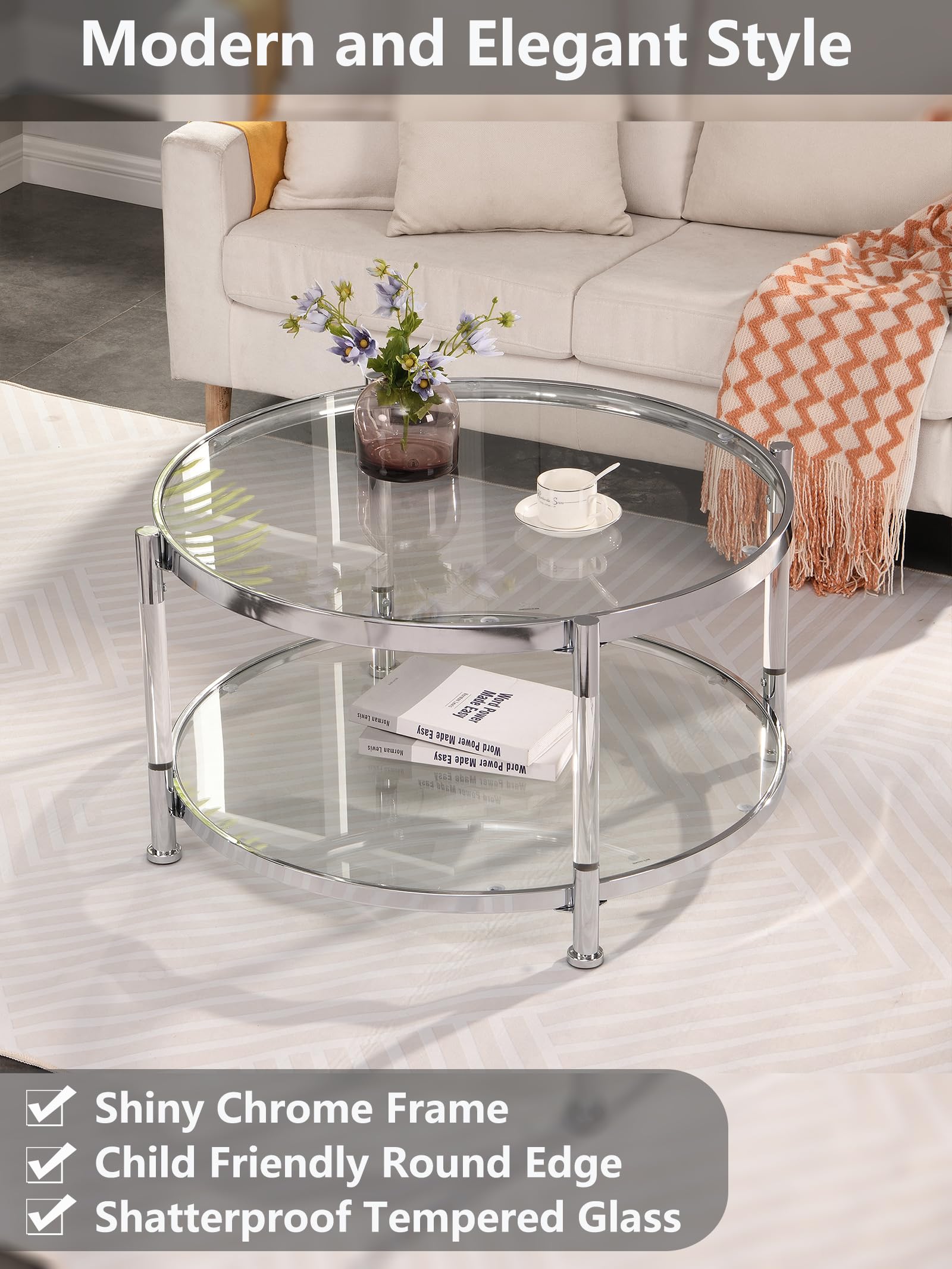 Modern 3-Piece Glass Coffee Table Set with Chrome Base & Tempered Glass Top - Round Side & End Tables for Living Room, Bedroom - Durable Acrylic Legs, Silver Finish - Perfect for Small Spaces, Home Decor & Entertaining Guests