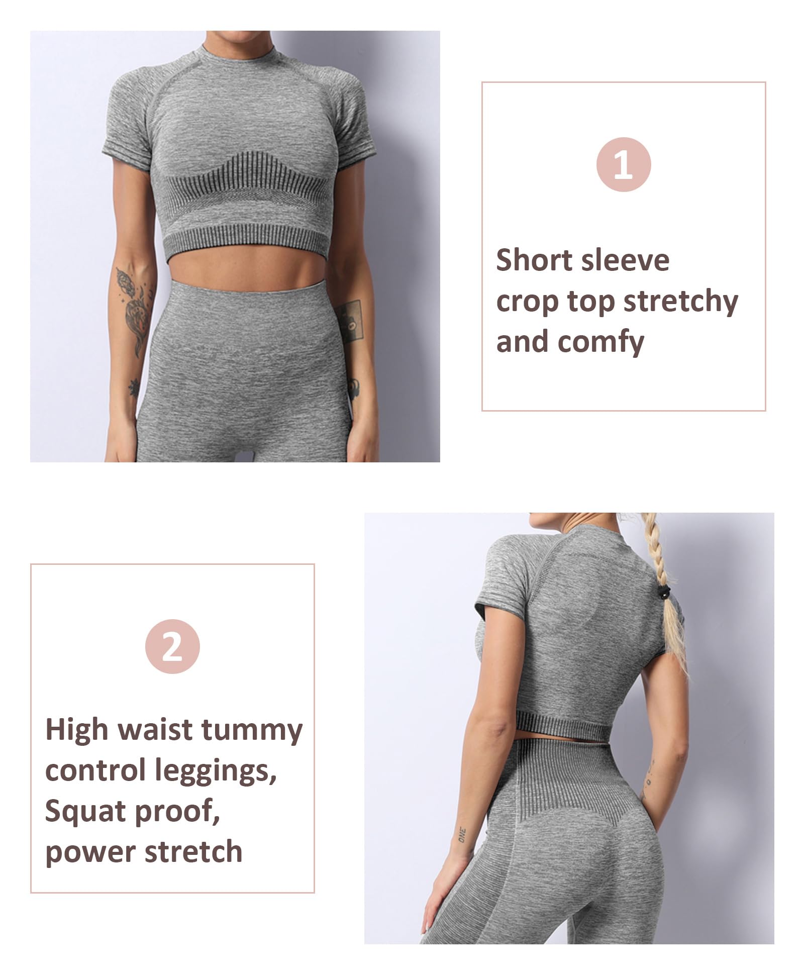 FeelinGirl Women's 2-Piece Seamless Workout Set - Ribbed Crop Top & High Waist Yoga Leggings | Gym, Running, Pilates & Lounge Wear