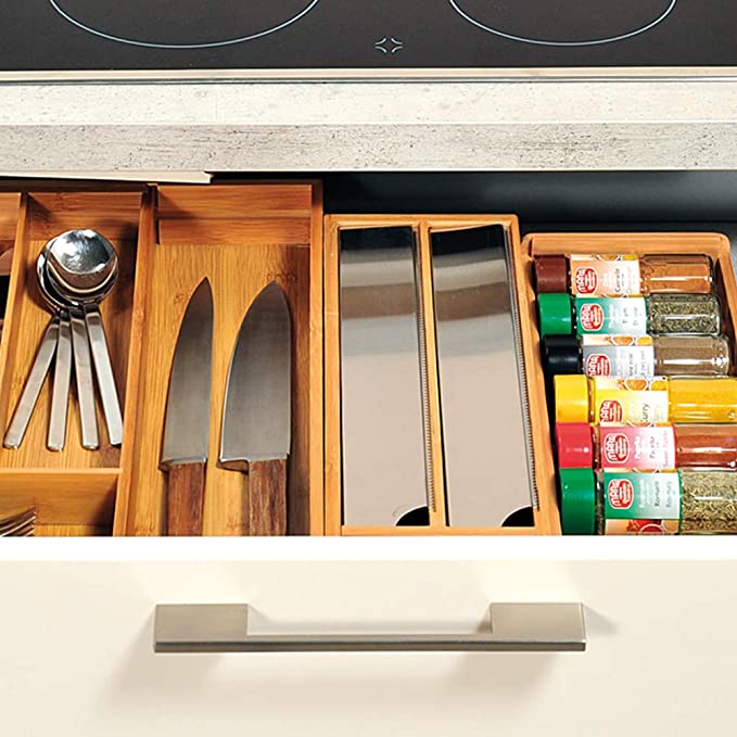 4-Compartment Bamboo Drawer Foil Dispenser - Organize Kitchen Wrap, Parchment Paper & Plastic Bags - Perfect for Pantry, Cabinet & Countertop Storage
