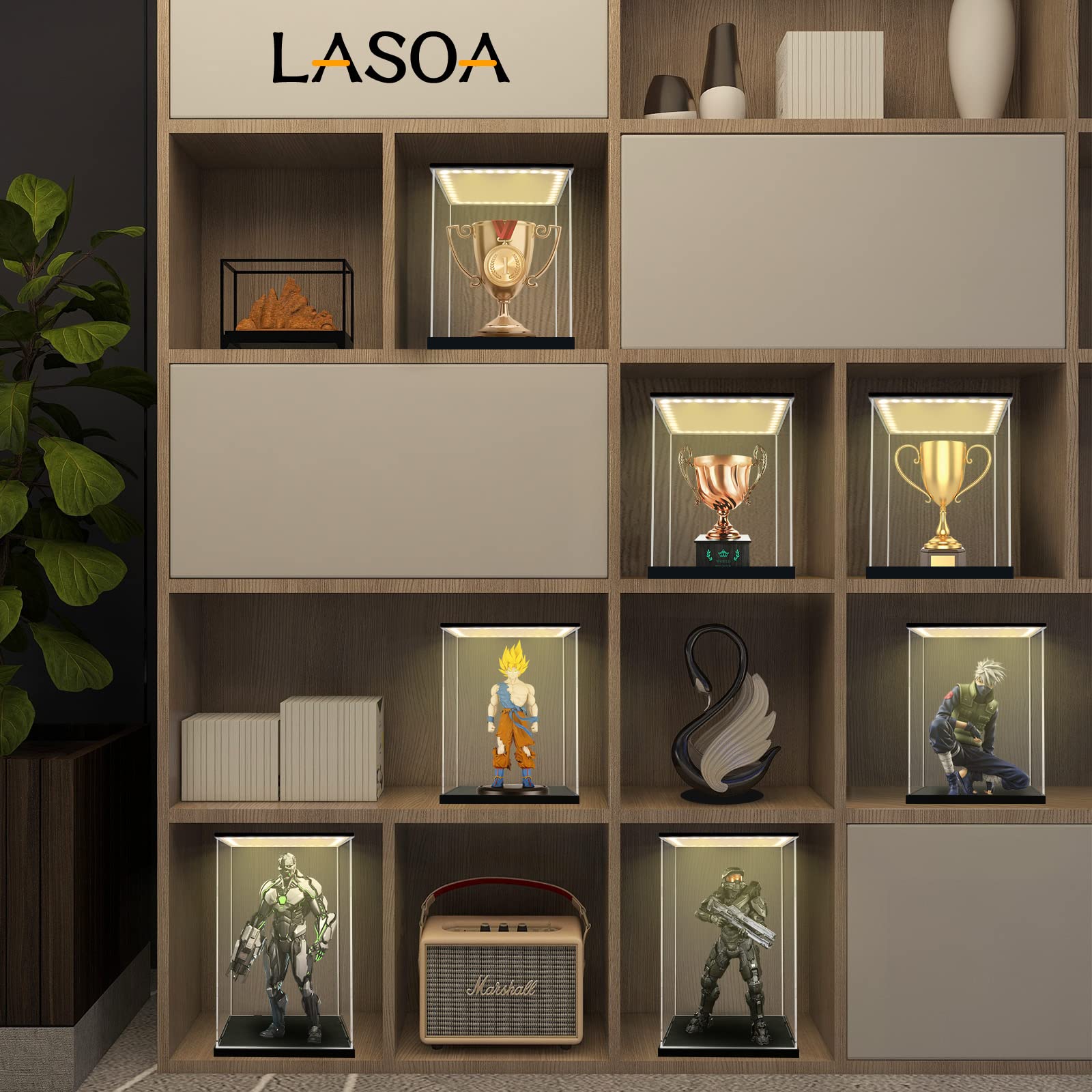 LASOA Acrylic Display Case with LED Lights - 12x12x12 Inch Clear Collectible Showcase Box for Figurines, Memorabilia & Action Figures - Black Base & Lid, Easy Self-Assembly - Perfect for Home Decor, Office Display & Gift Presentation (30x30x30cm)