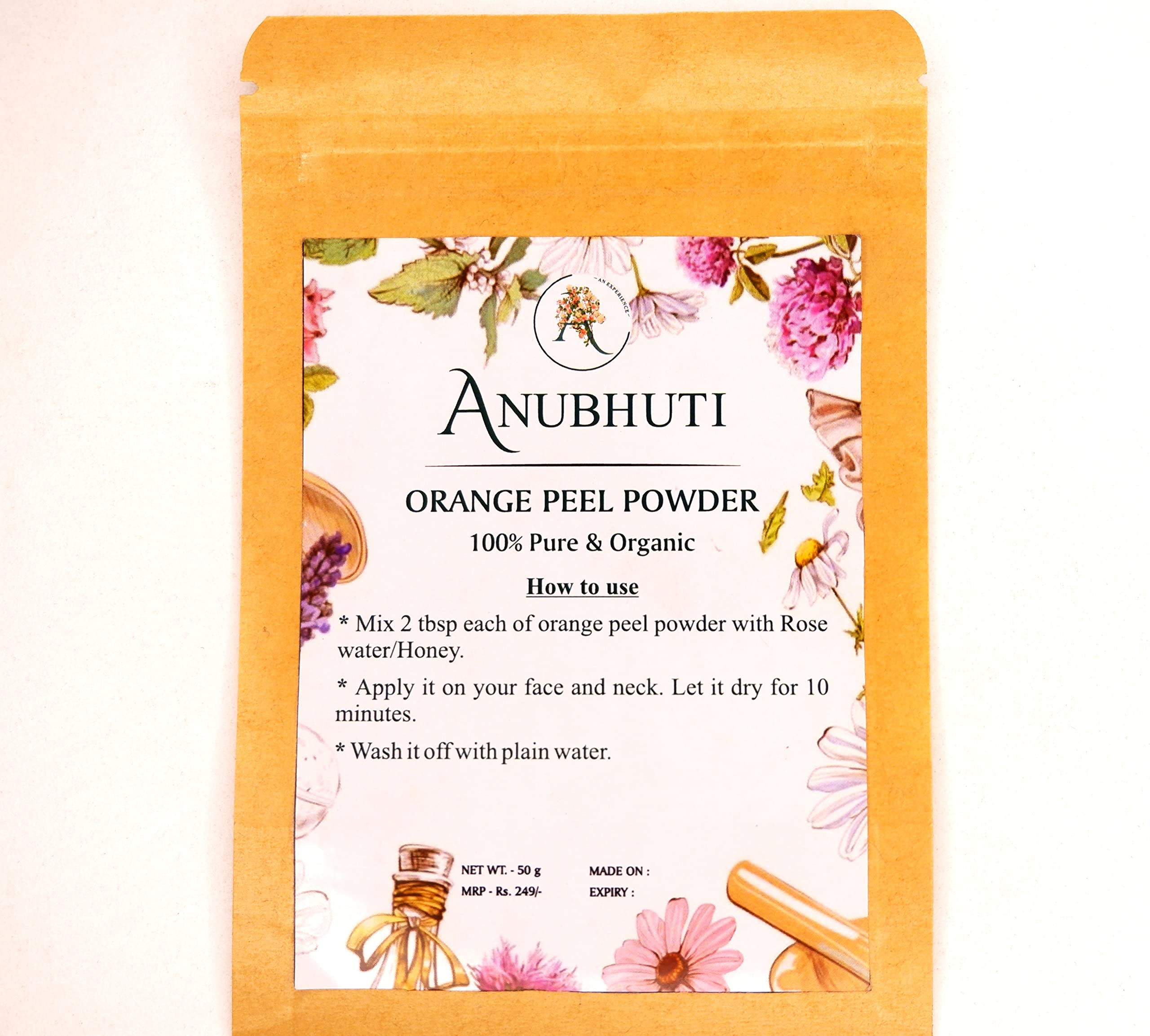 Organic Orange Peel Powder by ANUBHUTI - 50g | Natural Skin Brightening & Exfoliating | DIY Face Mask, Body Scrub & Hair Care for Glowing Skin