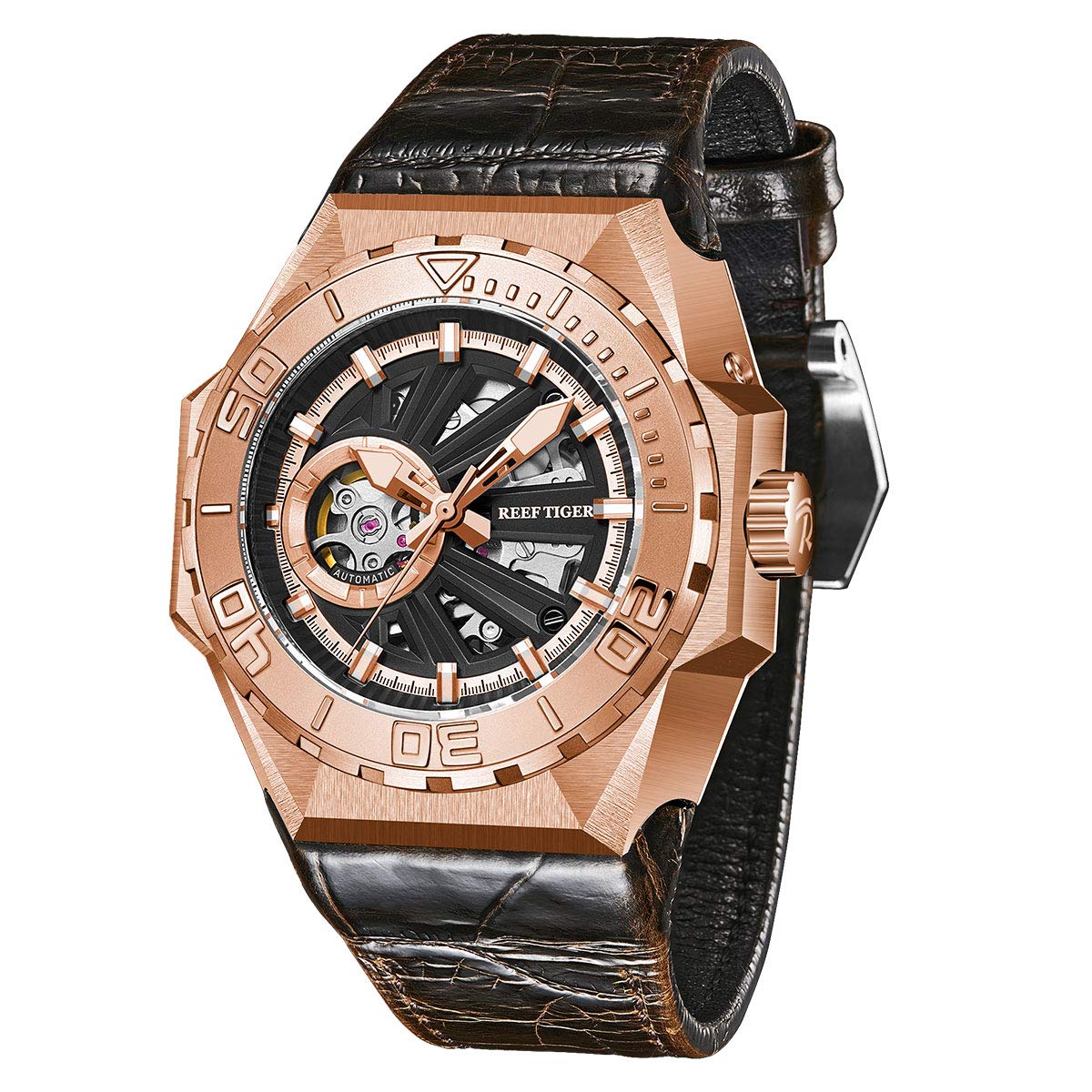 REEF TIGER Men's Skeleton Automatic Diving Watch - Military Style Mechanical Watch with Leather Strap RGA6903-S - Perfect for Scuba Diving, Outdoor Adventures & Formal Occasions