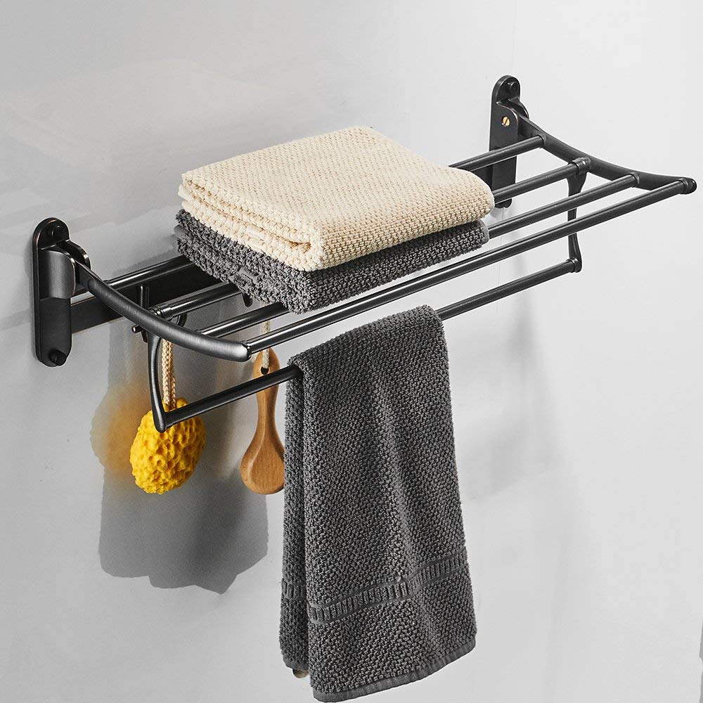 BESy Oil Rubbed Bronze Brass Hand Towel Bar - Foldable Towel Rack with Shelf & Hooks for Bathroom, Kitchen, Spa - Rust-Resistant Bathroom Accessories for Home Decor