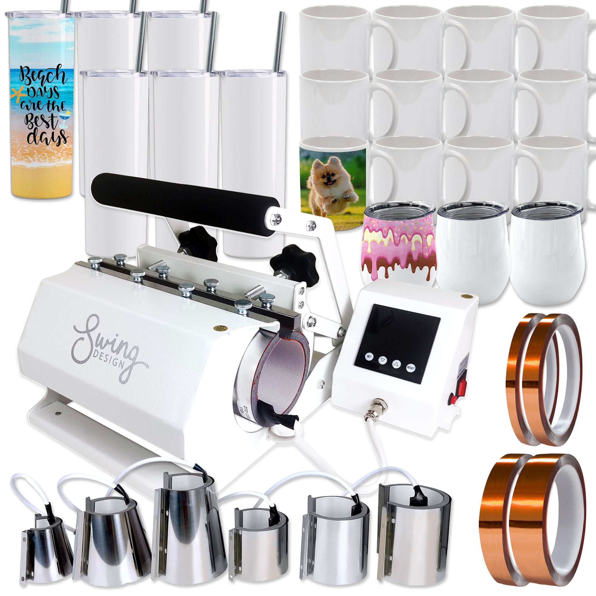7 in 1 Tumbler Heat Press Machine for 20oz & 30oz Cups - Swing Design Sublimation Bundle (White) - Perfect for DIY Custom Tumblers, Mugs & Drinkware Gifts