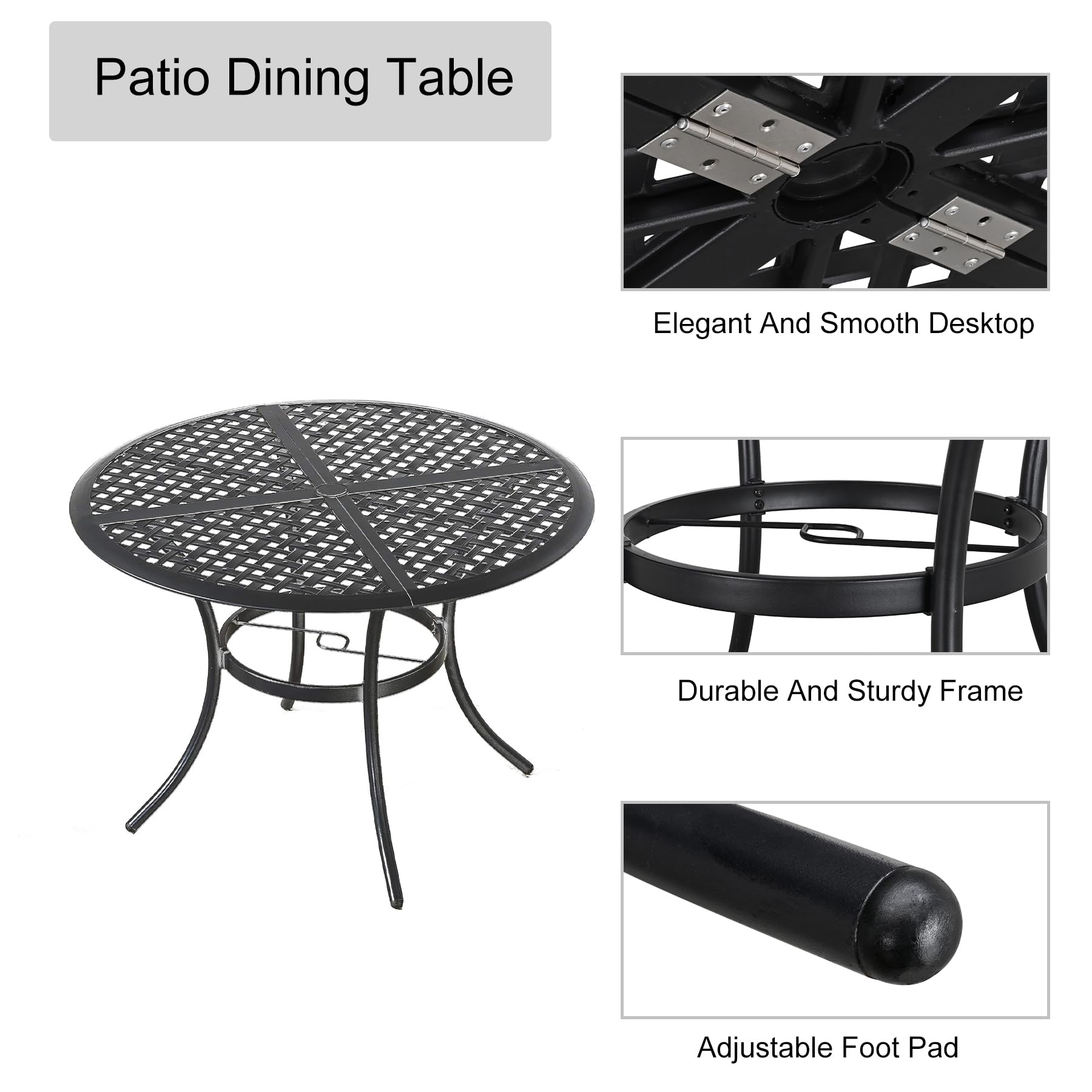 LOKATSE HOME 42.1 Inch Round Outdoor Patio Dining Table with Umbrella Hole - Weather-Resistant Steel Frame Metal Table for Garden, Backyard, Lawn, Balcony, Deck - Perfect for Outdoor Entertaining & Family Gatherings (Black)