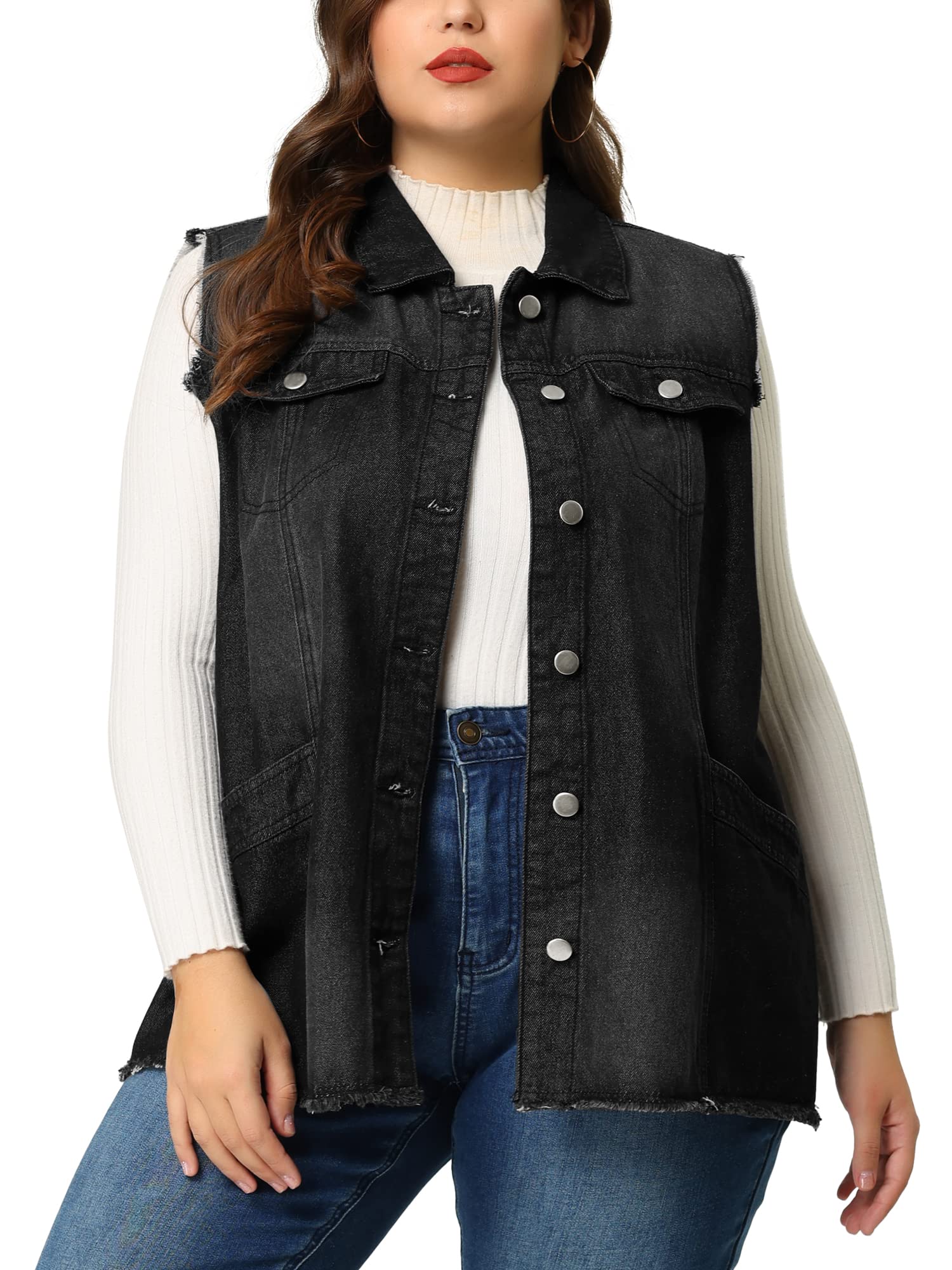 Agnes Orinda Women's Plus Size Denim Jacket 2025 - Button Front Lapel Frayed Washed Sleeveless Long Jean Vest | Casual Outfits, Streetwear & Layering Essential
