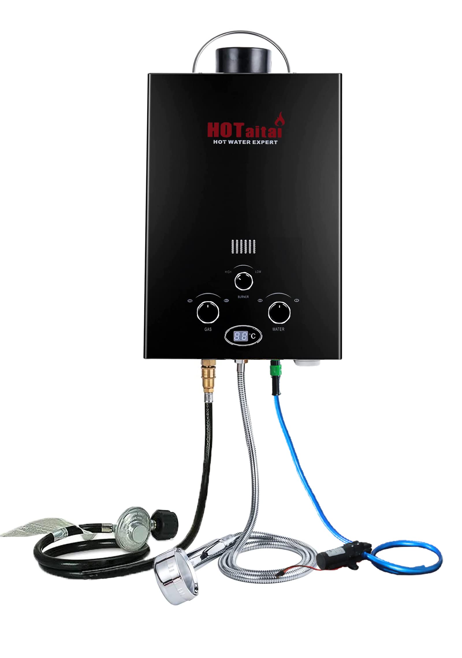 Portable Propane Tankless Water Heater with Water Pump - 1.58 GPM 6L Outdoor Instant Hot Water System - Black | Ideal for Camping, RV Trips, Off-Grid Living & Emergency Hot Water Supply