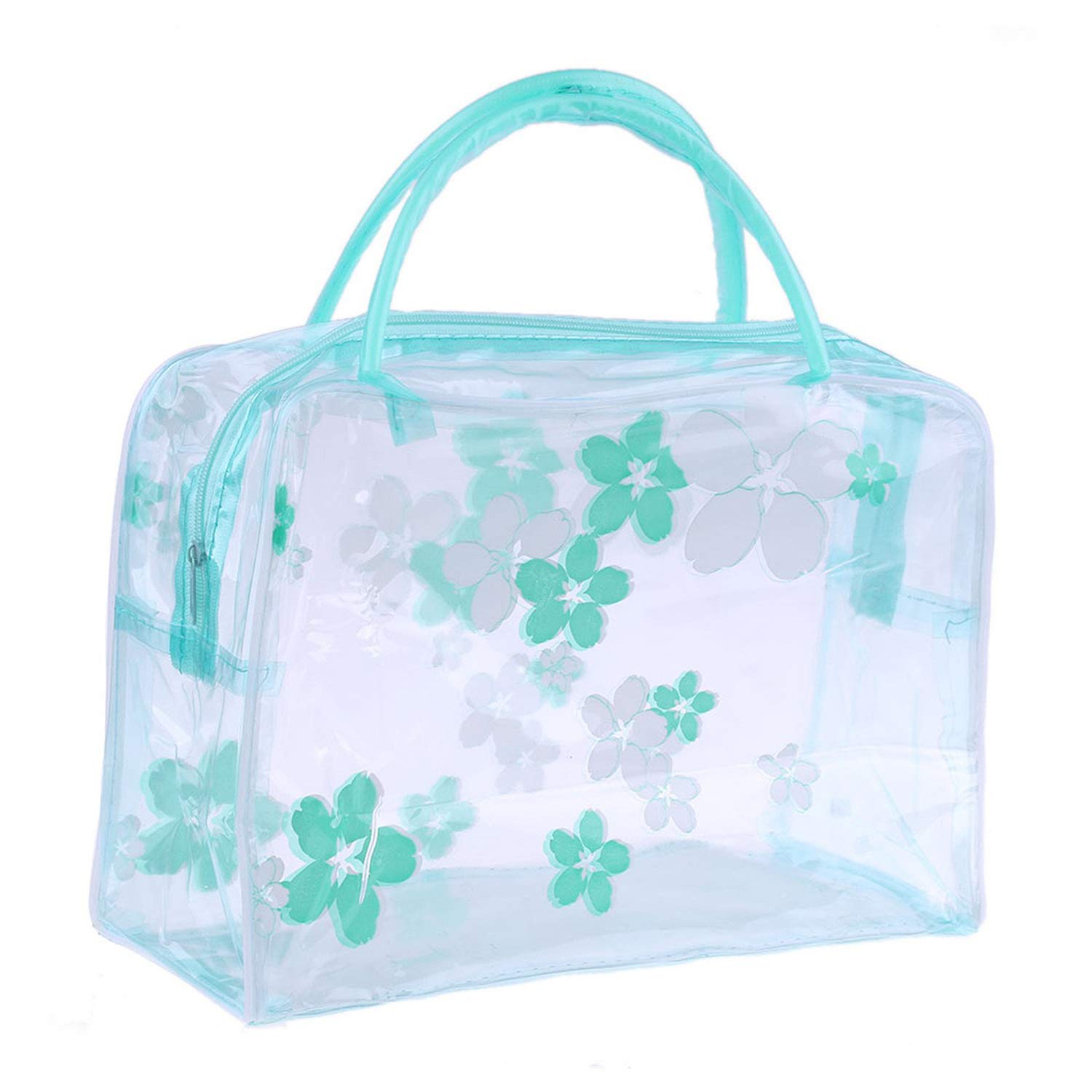 Clear Cosmetic Bag with Flower Design - Waterproof Plastic Zipper Pouch for Travel Toiletries | Portable Makeup Organizer with Handle | Perfect for Gym, Vacation & Daily Essentials Storage
