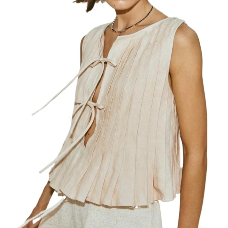 Women's Linen Tank Top with Bow Tie Front & Peplum Hem - Coquette Sleeveless Y2K Babydoll Blouse - Summer Ruffle Shirt for Casual Outings, Beach Wear & Date Nights