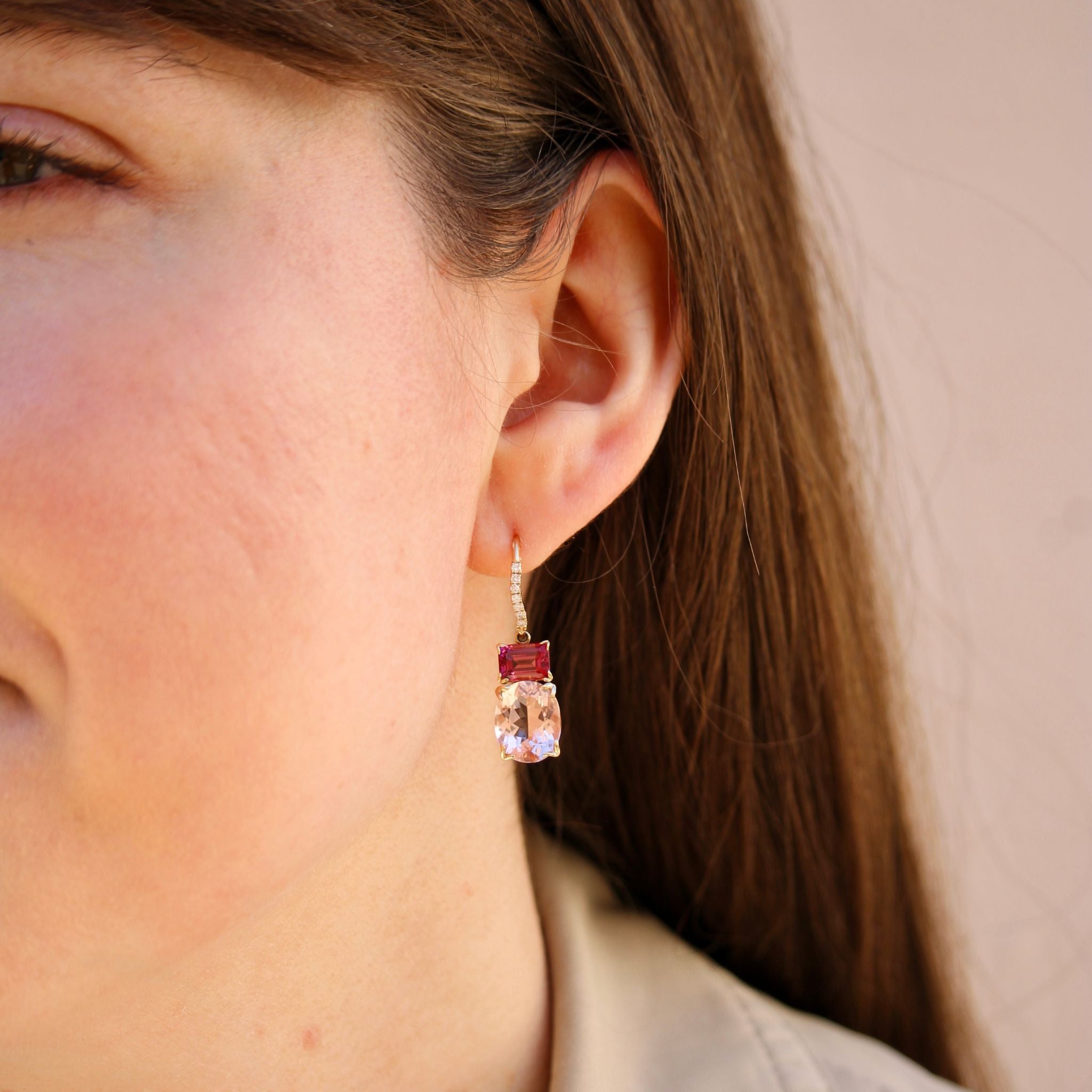 14K Gold Morganite & Pink Tourmaline Dangle Earrings - Elegant River Design for Women, Perfect for Weddings, Parties & Special Occasions