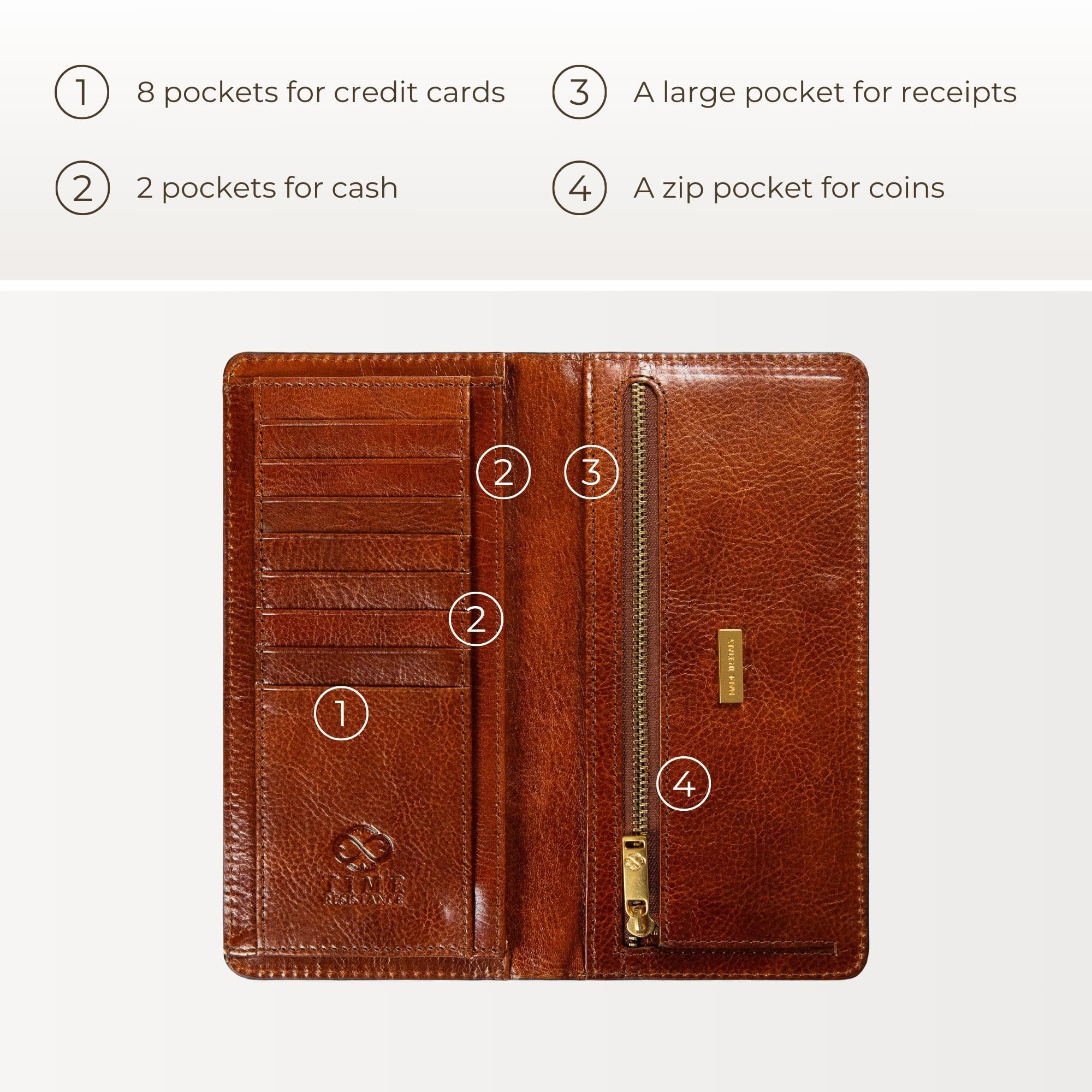 Premium Italian Leather Bifold Wallet for Men - Slim RFID Blocking Checkbook & Tall Billfold Card Holder - Time Resistance Long Leather Wallet (Cognac Brown) - Perfect for Business, Travel & Everyday Use