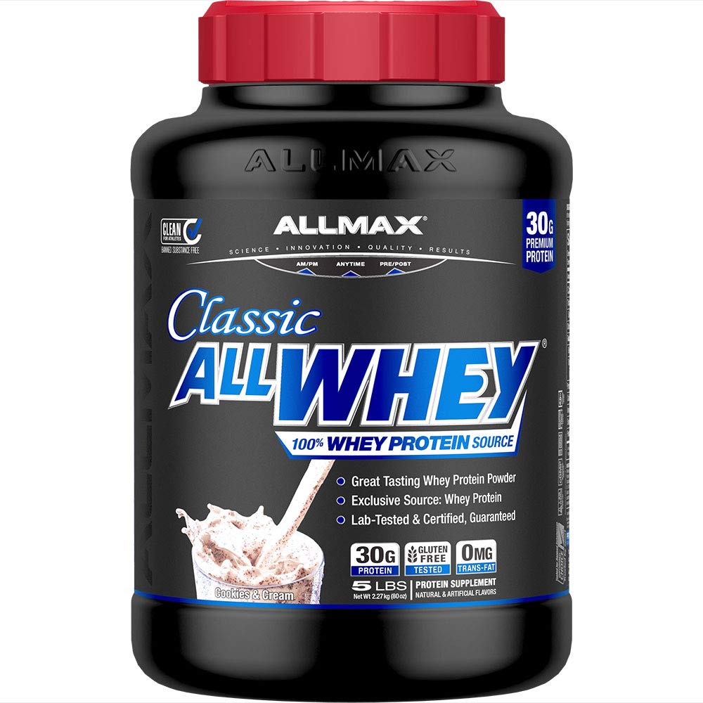 ALLMAX Nutrition AllWhey Classic Whey Protein Powder - Gluten Free, 24g Protein per Scoop, Cookies & Cream Flavor, 5 lbs (49 Servings) for Muscle Recovery & Post-Workout Nutrition