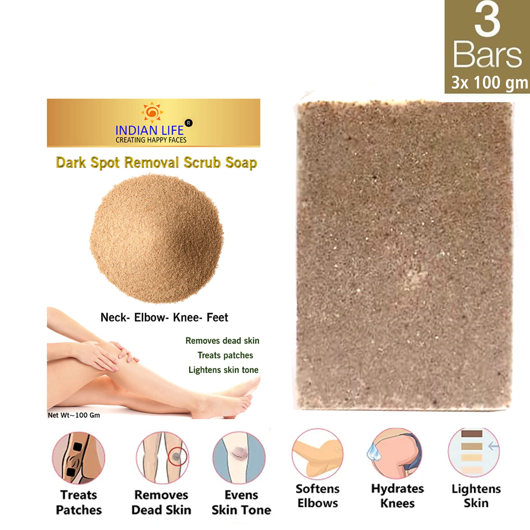 Indianlife Dark Spot Removal Scrub Soap for Neck, Elbow, Knee & Feet - 300g (3x100g) | Brightening Body Wash for Hyperpigmentation & Uneven Skin Tone | Perfect for Daily Skincare Routine & Post-Sun Care