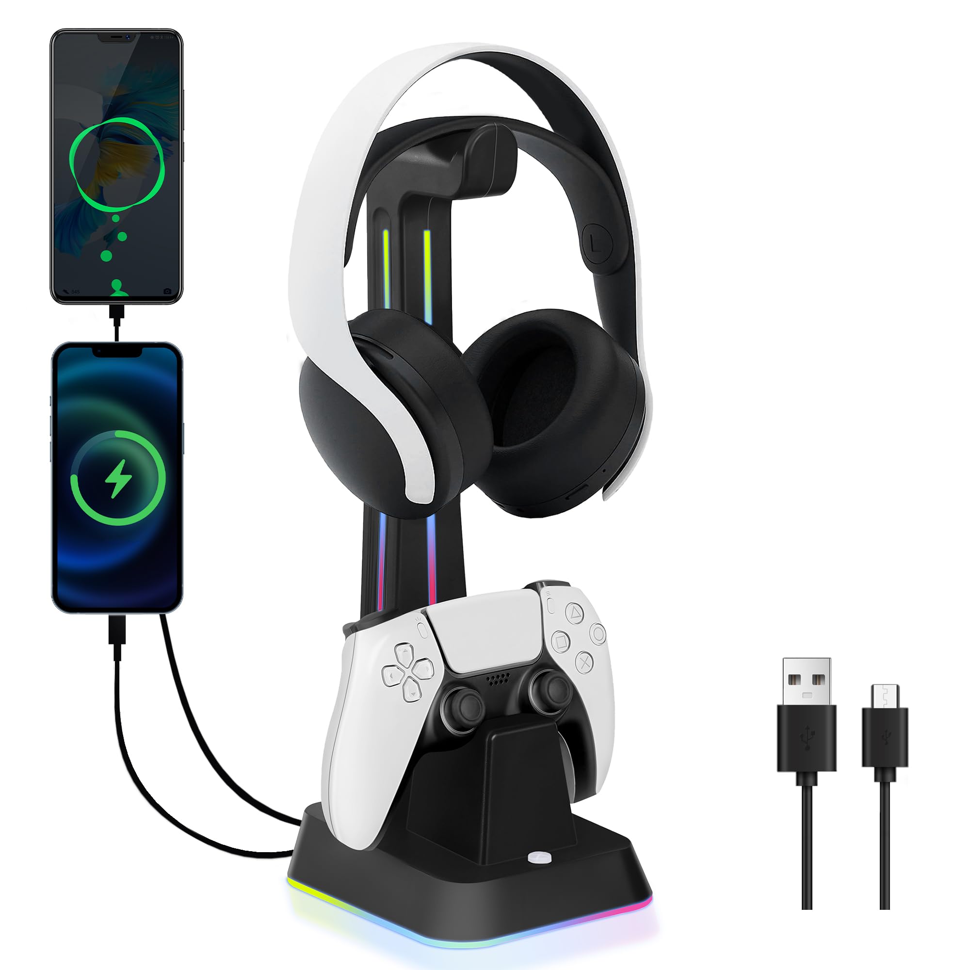 PS5 Controller Charger Station with RGB Headphone Stand & 2 USB Ports - Dual Charging Dock for PlayStation 5 Controllers & Headset - Black | Gaming Accessories for Organized Playstation 5 Setup