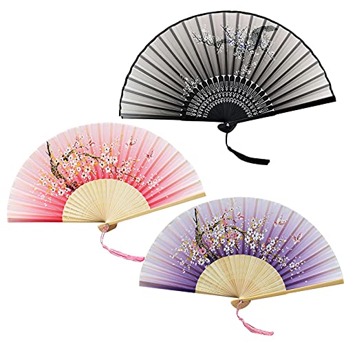 3 PCS Chinese Style Silk Folding Fans - Handheld Bamboo Ribs Fabric Fan with Tassel Handle for Dance, Cosplay, Wedding, Gift - Elegant Hand Fan for Women & Men