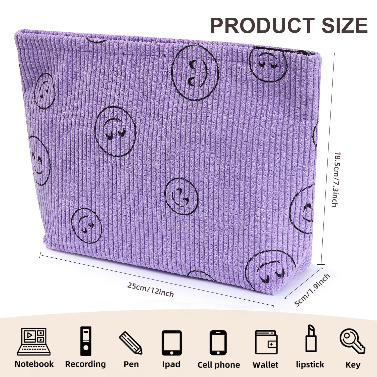 Preppy Cute Corduroy Makeup Bag for Women - Travel Cosmetic & Toiletry Organizer (Full Purple) - Perfect for Vacation, Gym, and Daily Essentials Storage