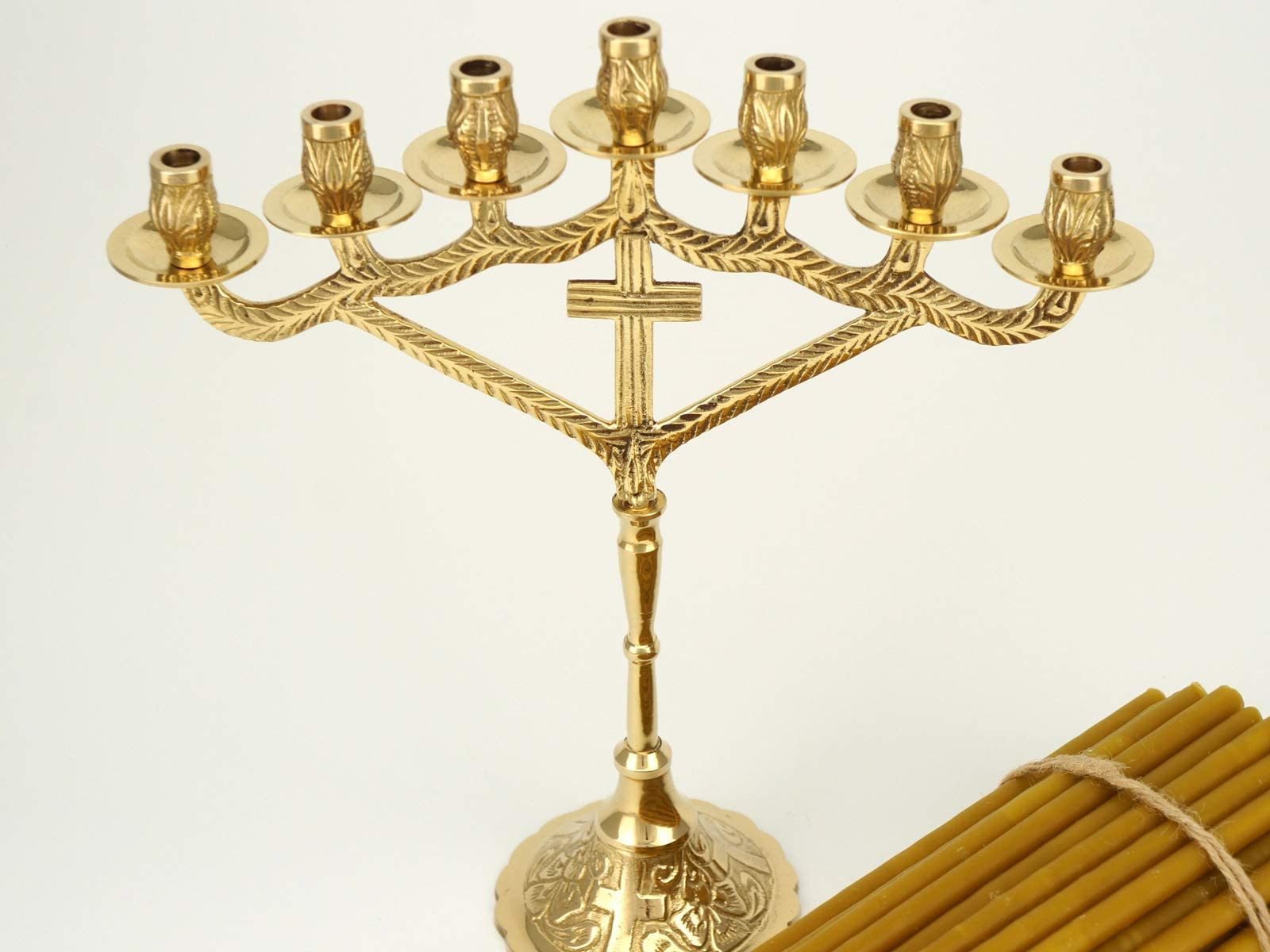Seven Candle Christian Candelabra - Traditional Orthodox Candle Holder with 100 Pure Beeswax Taper Candles for Prayer Corner & Home Altar Decor | Religious Ceremonies, Church Services & Spiritual Meditation