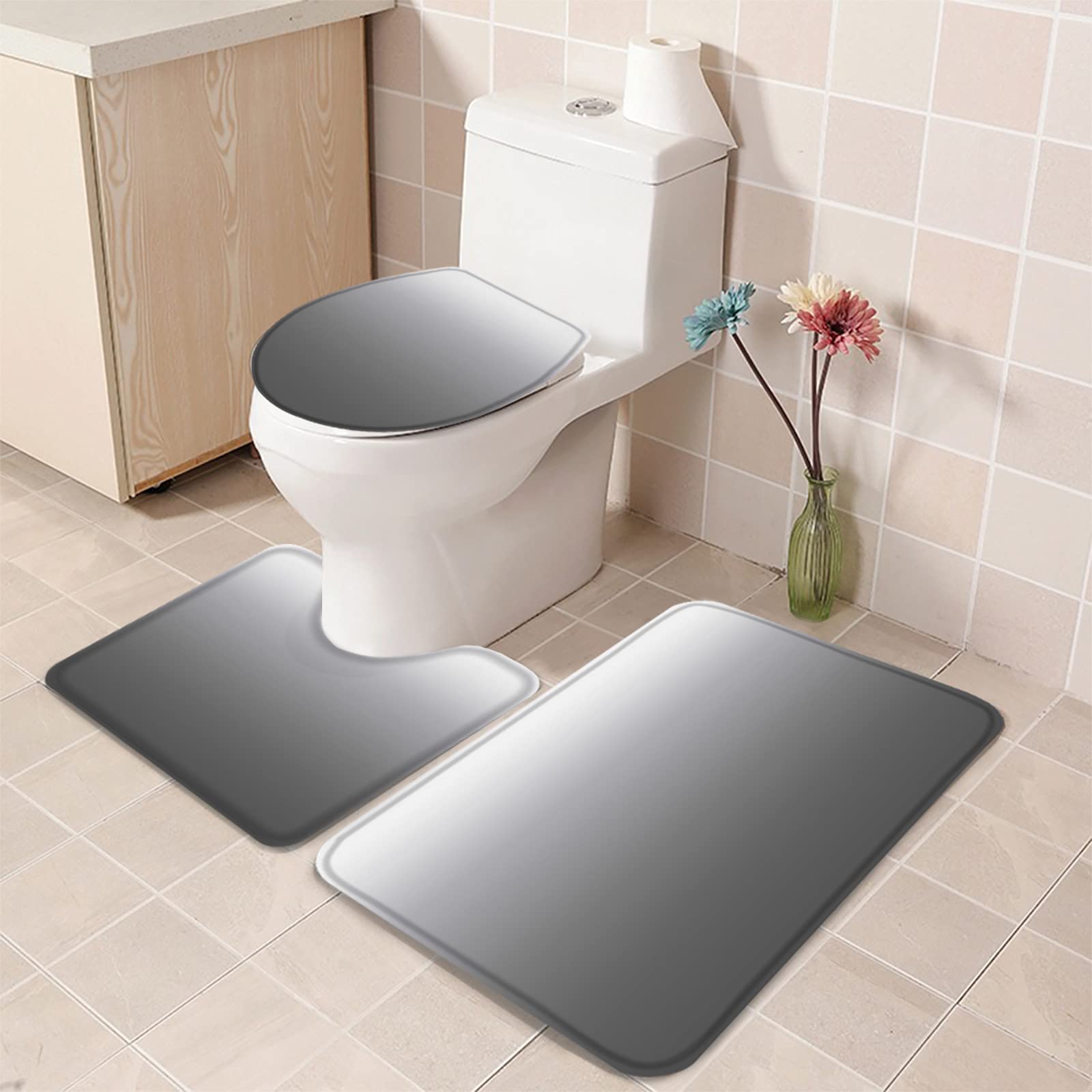 3-Piece Ombre White Gray Non-Slip Bathroom Rug Set - Soft Absorbent Shower Mat, Contour Mat & Toilet Lid Cover - Minimalist Farmhouse Style for Bathroom Safety & Comfort - Perfect for Modern Homes, Apartments & Guest Bathrooms