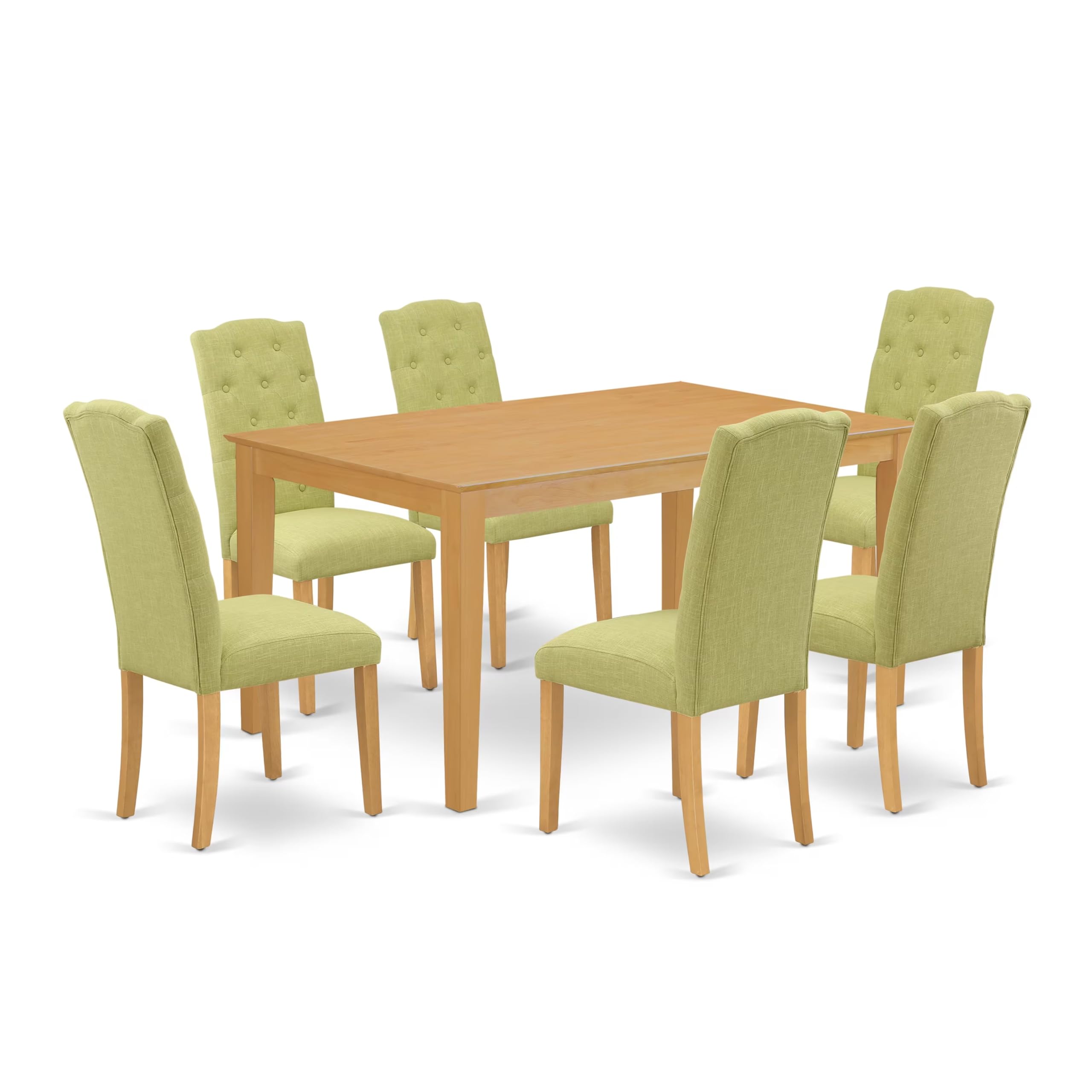East West Furniture 7-Piece Oak Dining Room Set - 36x60 Inch Rectangle Table & 6 Limelight Linen Upholstered Chairs - Perfect for Family Dinners & Entertaining Guests