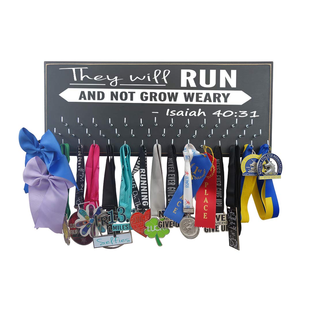 Marathon Medal Display Rack - Wall Mounted Running Awards Hanger for Runners - Durable Race Medal Holder with Inspirational Isaiah 40:31 Quote - Perfect for Home Gym, Office Decor or Marathon Finisher Gift