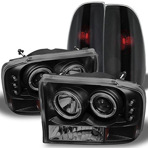 AKKON Black Smoked LED Headlights & Tail Lights for 1999-2004 Ford F250 F350 F450 F550 Super Duty - Halo Projector Headlamps with DRL - Upgrade Your Truck Lighting for Night Driving & Off-Road Adventures