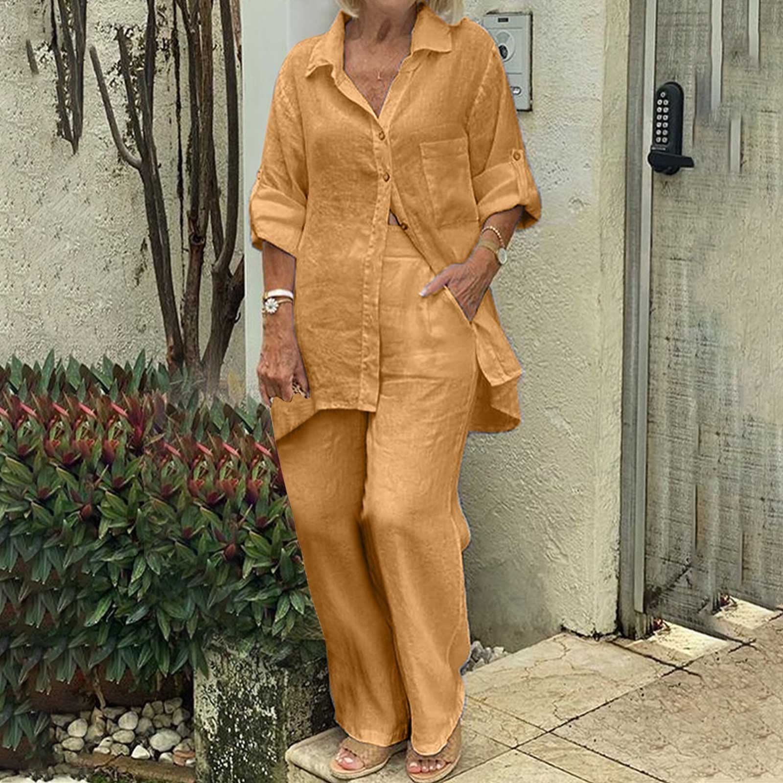 Women's 2-Piece Linen Outfit Set - Summer 2024 Casual Button Down Long Sleeve Top & Pants - Lightweight Comfortable Lounge Wear for Home, Vacation & Outdoor Activities