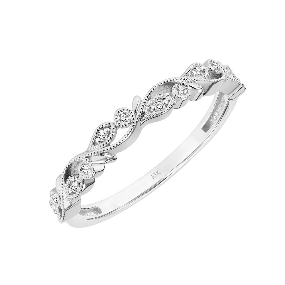 10K White or Yellow Gold 0.07 Cttw Diamond Floral Vine Leaf Stackable Wedding Band - Anniversary Ring for Women (I-J Color, I3 Clarity) | Elegant Stackable Ring for Bridal Sets, Promise Rings & Special Occasions