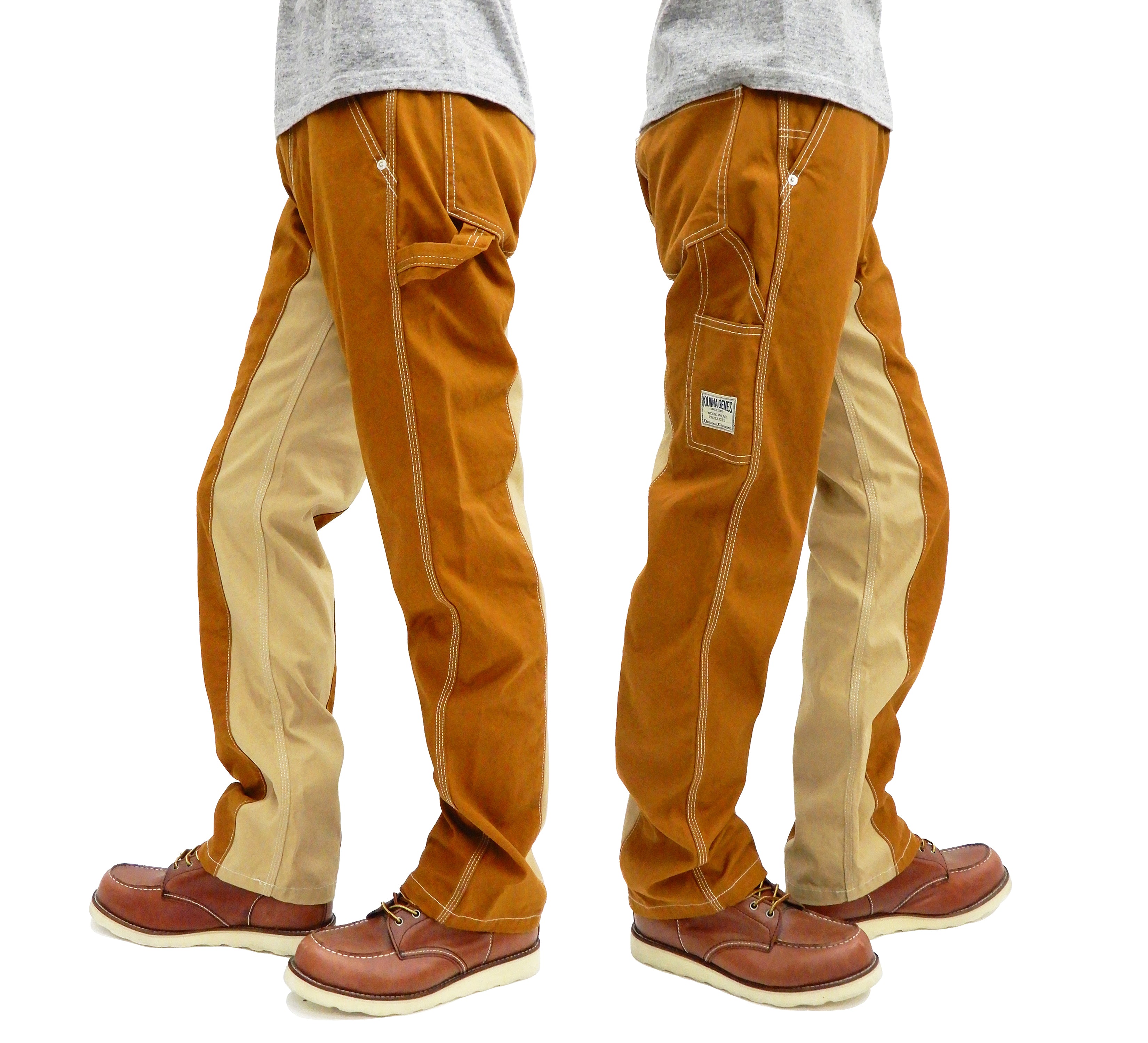 Kojima Genes Two-Tone Panel Men's Duck Carpenter Pants - Contrast Inside Leg Design - RNB1081F Brown/Beige - Durable Workwear for Construction & Outdoor Activities