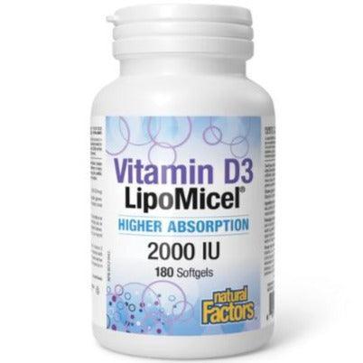 Natural Factors Vitamin D3 LipoMicel 2000 IU Softgels - 180 Count | High Absorption Liquid Vitamin D Supplement for Immune & Bone Health | Supports Energy, Mood & Overall Wellness (Daily Use for Adults & Seniors)