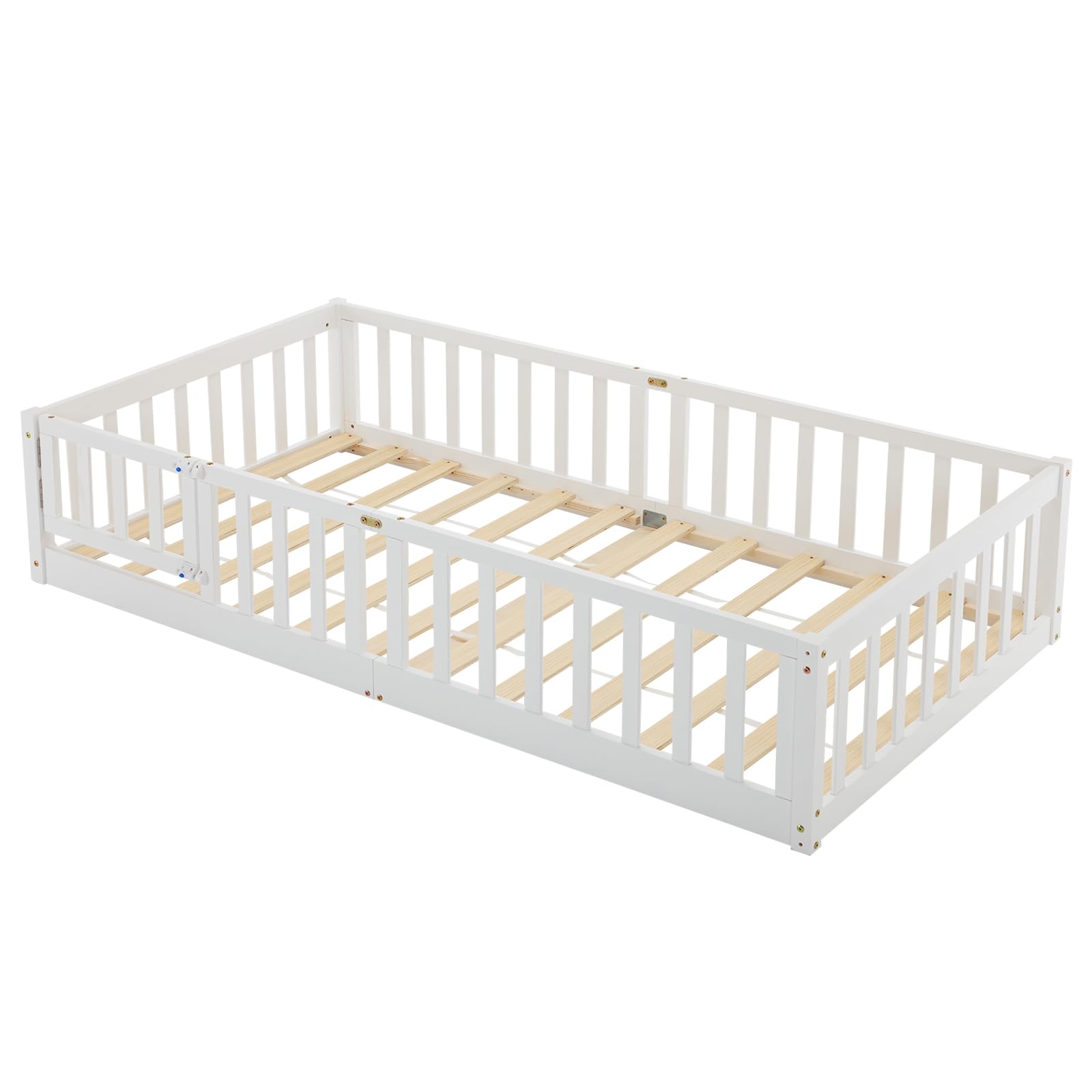 Montessori Toddler Floor Bed with Safety Guardrails - Solid Wood Twin Bed Frame for Kids, Girls & Boys - White Karl Home Bed with 12 Slats, Door & Fence | Perfect for Montessori Rooms, Daycare Centers & Safe Toddler Sleeping Spaces