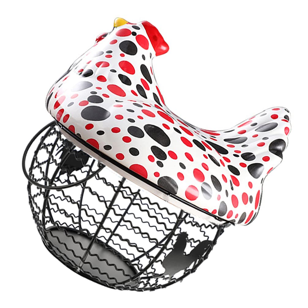 Cute Ceramic Chicken Top Metal Mesh Wire Egg Storage Basket - Kitchen Fruit Basket Organizer for Home, Farmhouse & Pantry Decoration | Perfect for Farmhouse Kitchen, Pantry Storage & Easter Decor