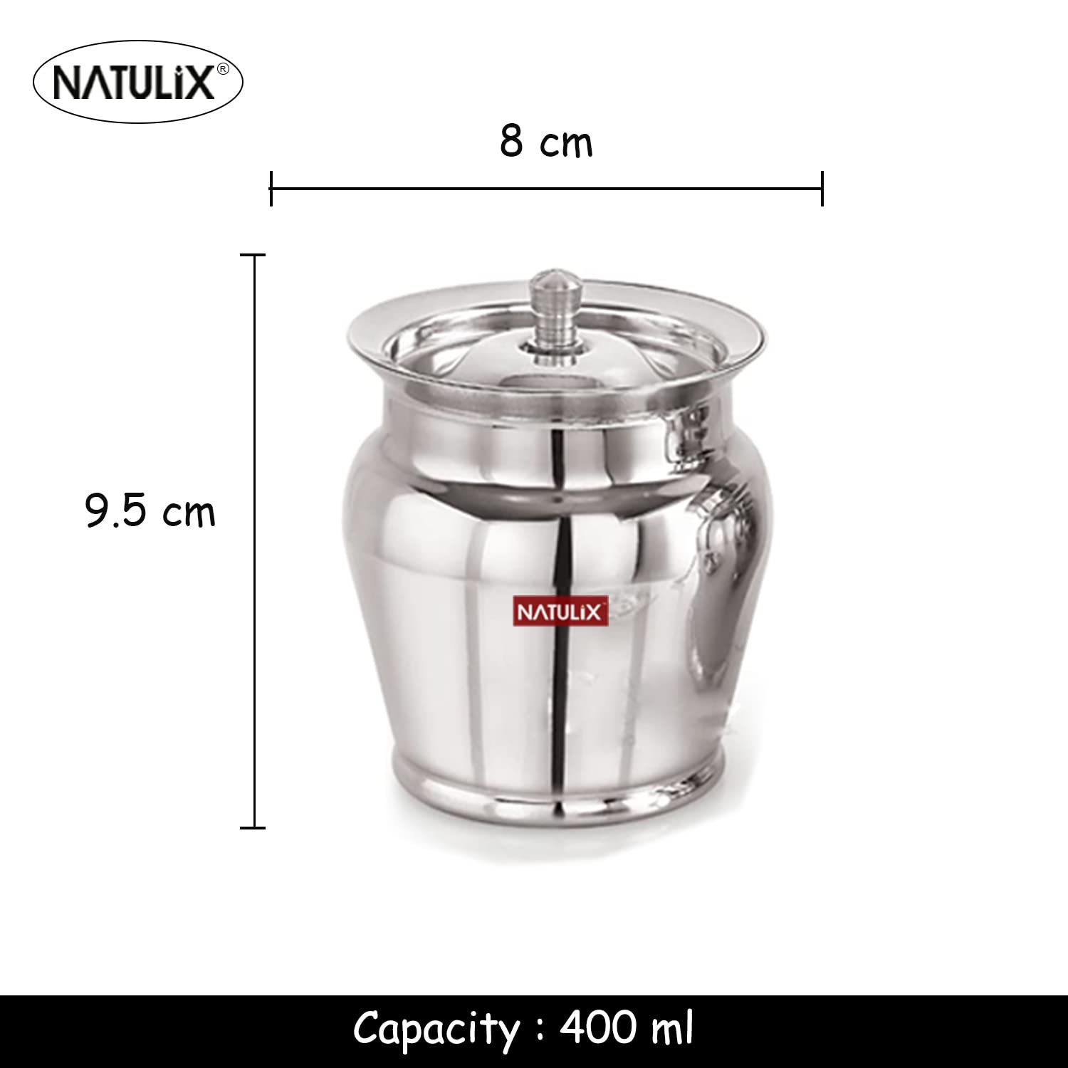 Premium NATULIX Stainless Steel Ghee Pot with Spoon & Lid - 400ml (Pack of 2) - Silver - Ideal for Cooking, Storage & Serving Organic Ghee, Butter & Oils
