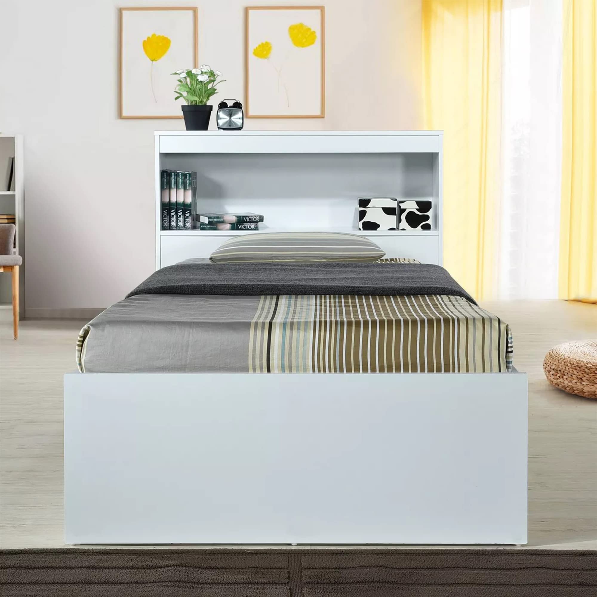 HODEDAH Twin Size Wood Platform Bed with Bookcase Headboard & 3 Drawers - White | Space-Saving Storage Solution for Small Bedrooms, Kids Rooms & Dorm Rooms | Sturdy Wooden Bed Frame with Built-in Organization