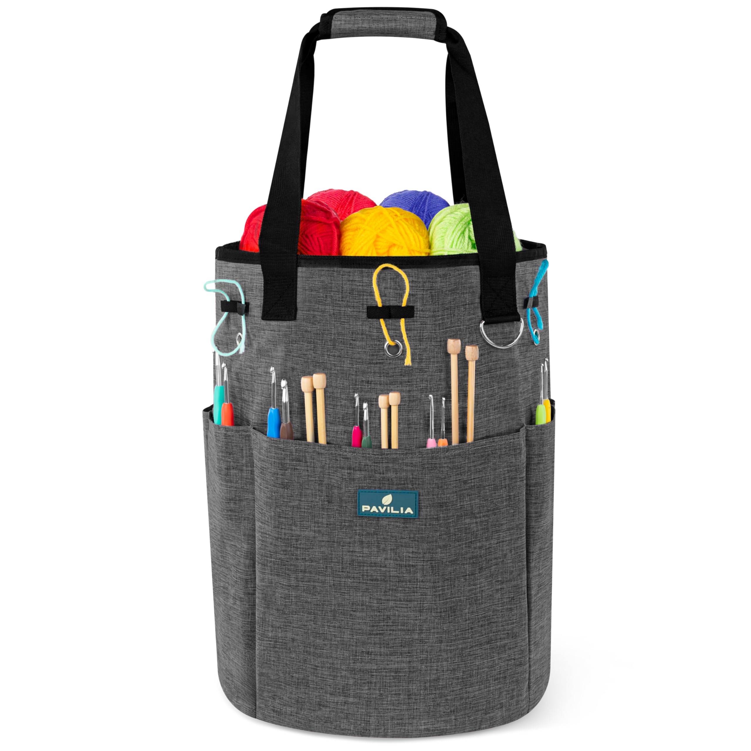 PAVILIA Crochet Knitting Bag Organizer with Grommets - Portable Yarn Storage Tote for Crafters & Knitters (Charcoal Gray) - Perfect Gift for Crochet Lovers
