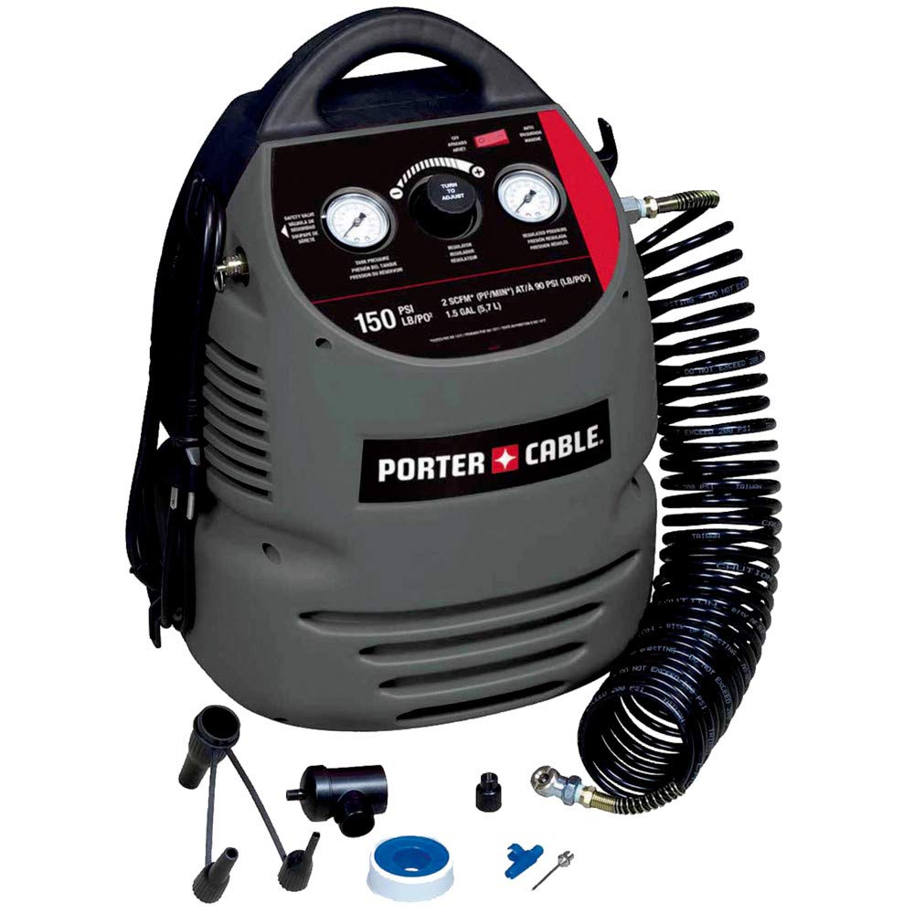 PORTER-CABLE 1.5 Gallon Oil-Free Air Compressor Kit with 25-Feet Hose - Portable Hand Carry Design for Home DIY, Woodworking, and Pneumatic Tools (CMB15)