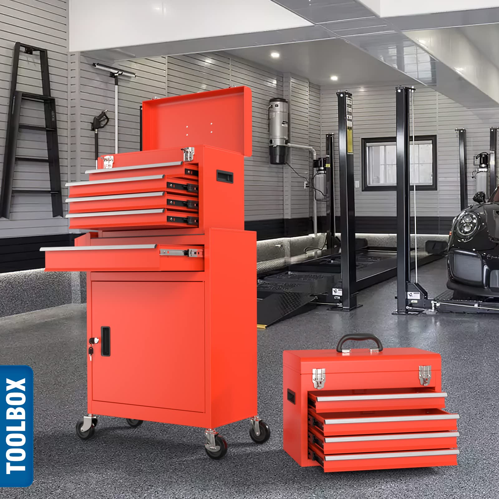 5-Drawer Rolling Tool Chest with Wheels - Heavy Duty Removable Tool Box with Storage Tray & Cabinet Organizer for Garage, Workshop, Warehouse (Red) - Perfect for Mechanics, DIY Enthusiasts & Professional Tradesmen