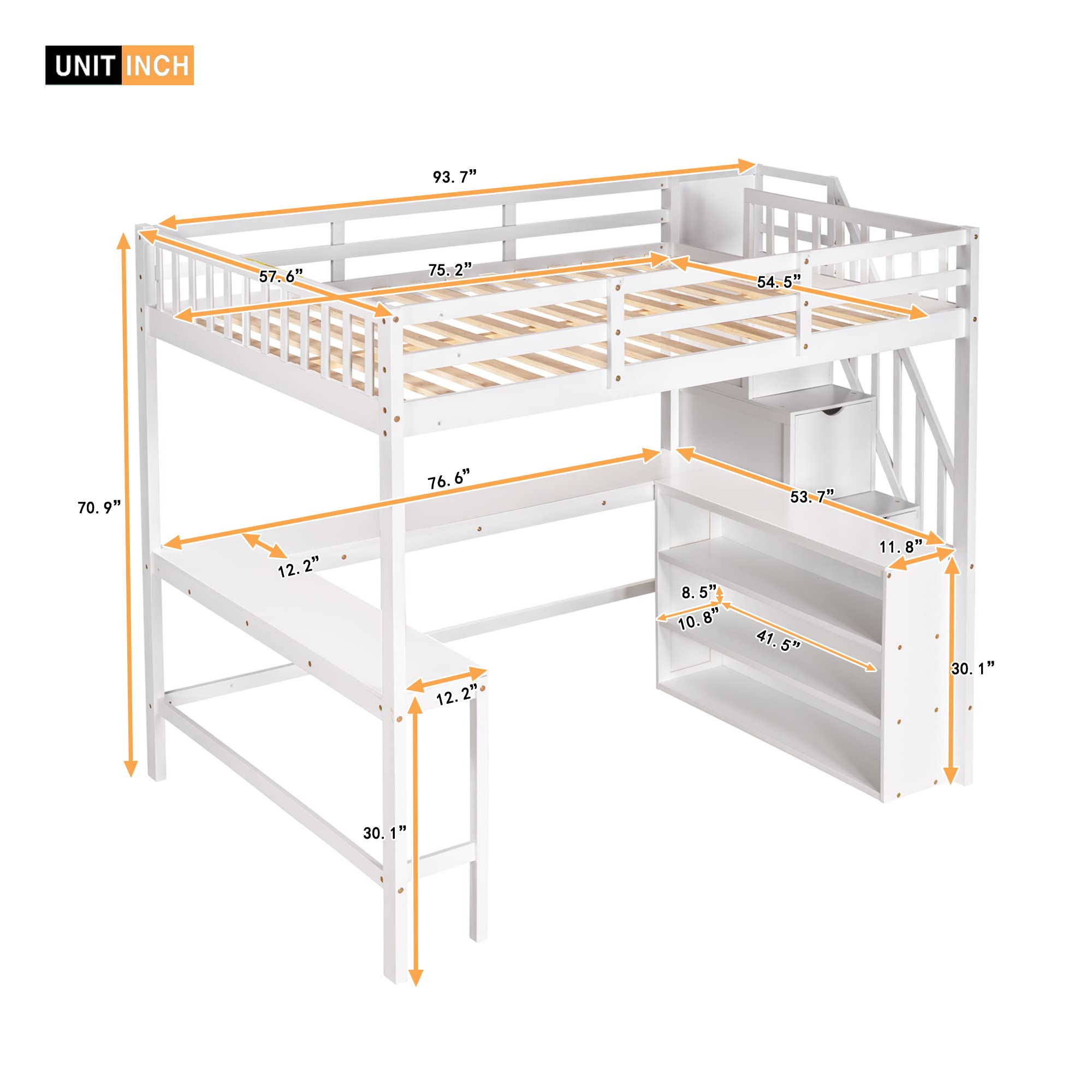 Full Size Loft Bed with L-Shaped Desk, Stairs & Storage Shelves - Space Saving Wooden Loft Bed Frame for Adults & Kids - Sturdy, Noise-Free White Loft Bed for Small Bedrooms, Dorms & Home Offices