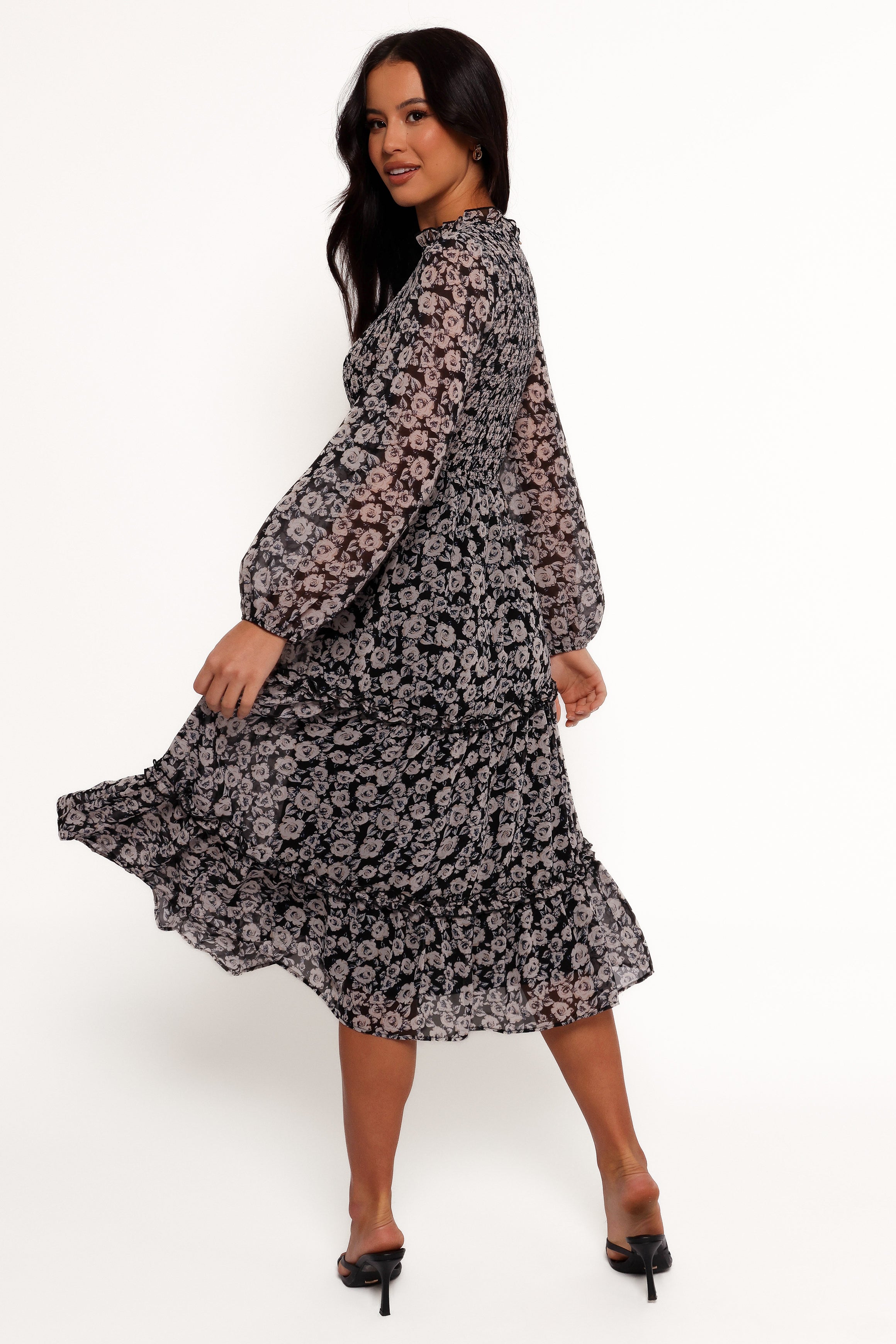 Edwina Shirred Frill Long Sleeve Midi Dress - Black Floral Print Women's Elegant Party Dress for Wedding, Cocktail & Special Occasions