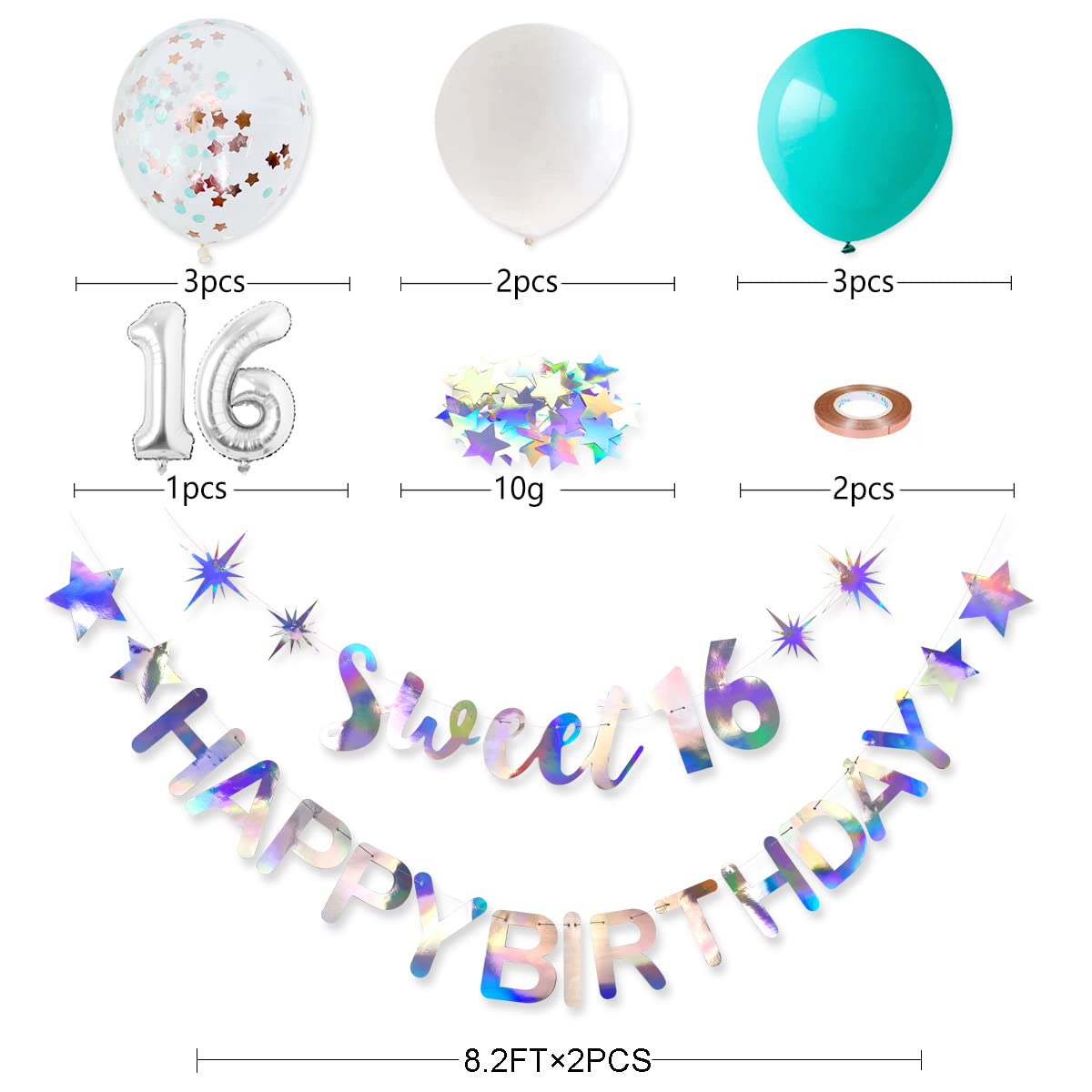 Sweet 16 Birthday Banner Garland - Iridescent Happy Birthday Sign for Sweet Sixteen Party Decorations & Supplies | Perfect for 16th Birthday Party Backdrops, Photo Booths & Wall Decor