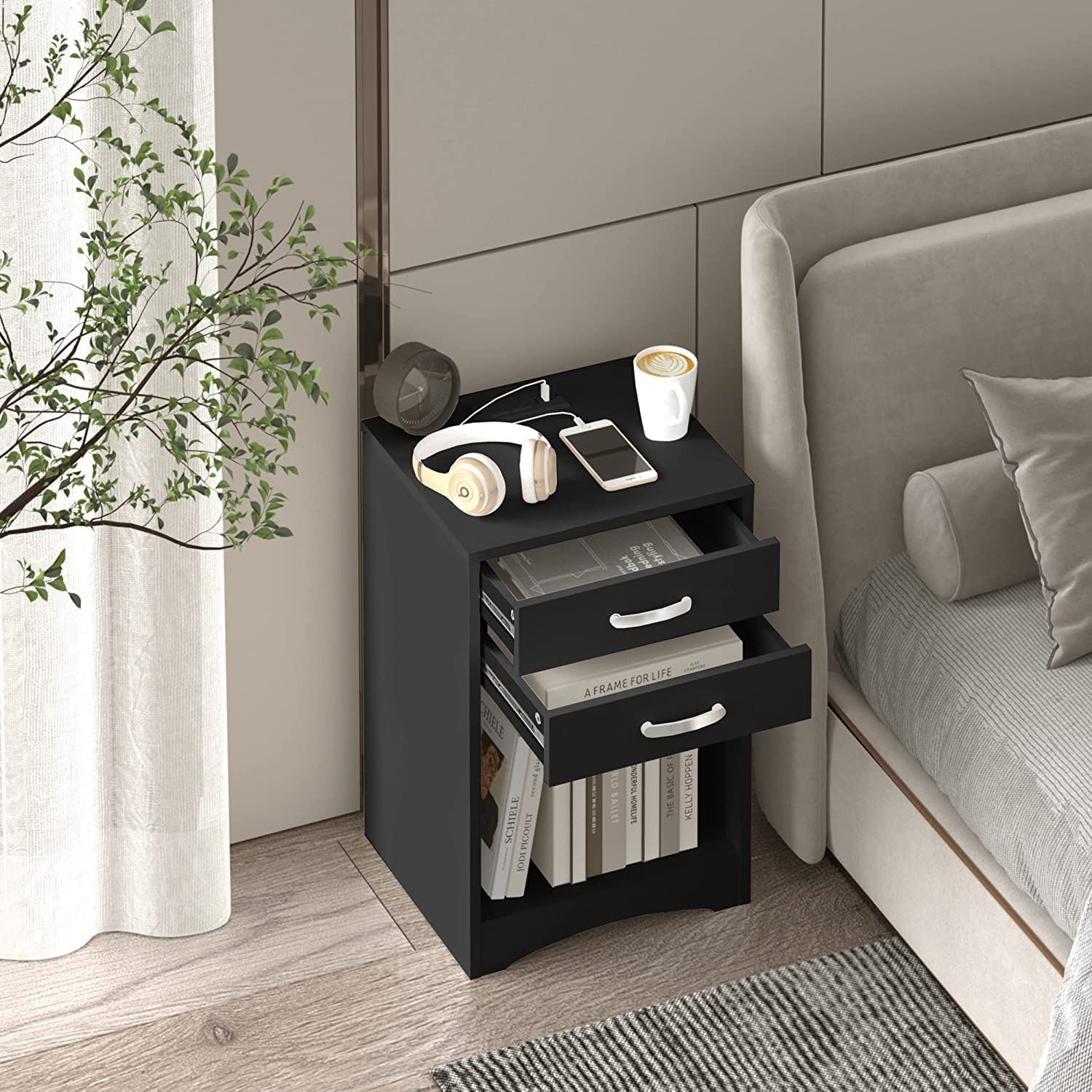 hosote Night Stands for Bedrooms Set of 2 - Black Nightstand with Charging Station, USB Ports & Power Outlets - Bedside Table with Storage Drawers - Perfect for Bedroom, Living Room, or Office Use