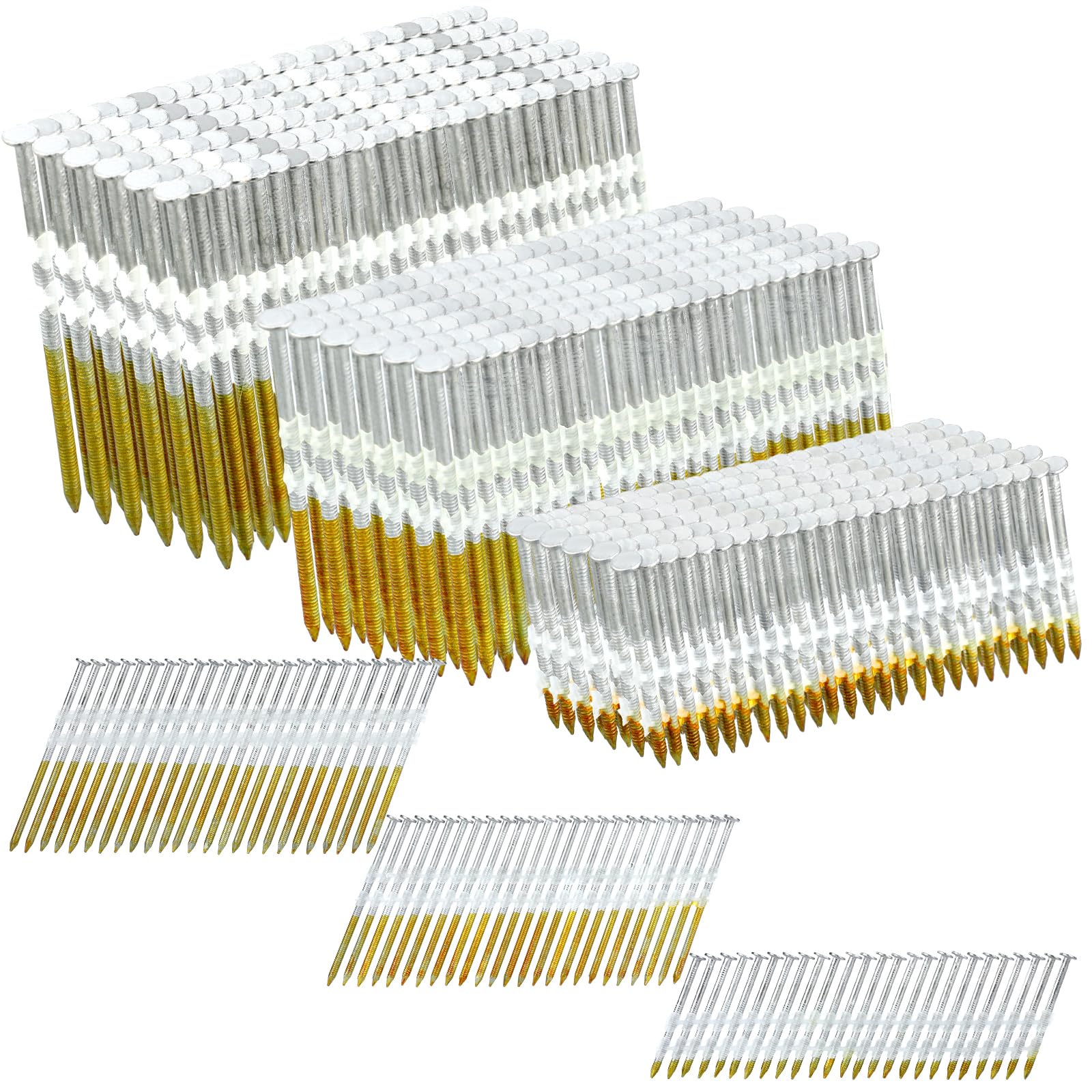 Therwen 1500-Count 21-Degree Galvanized Ring Shank Framing Nails - 2, 3, 3-1/2 Inch Flat D Head Nails for Pressure Treated Lumber - Plastic Row Fixed - Perfect for Roofing, Decking & Fencing Projects