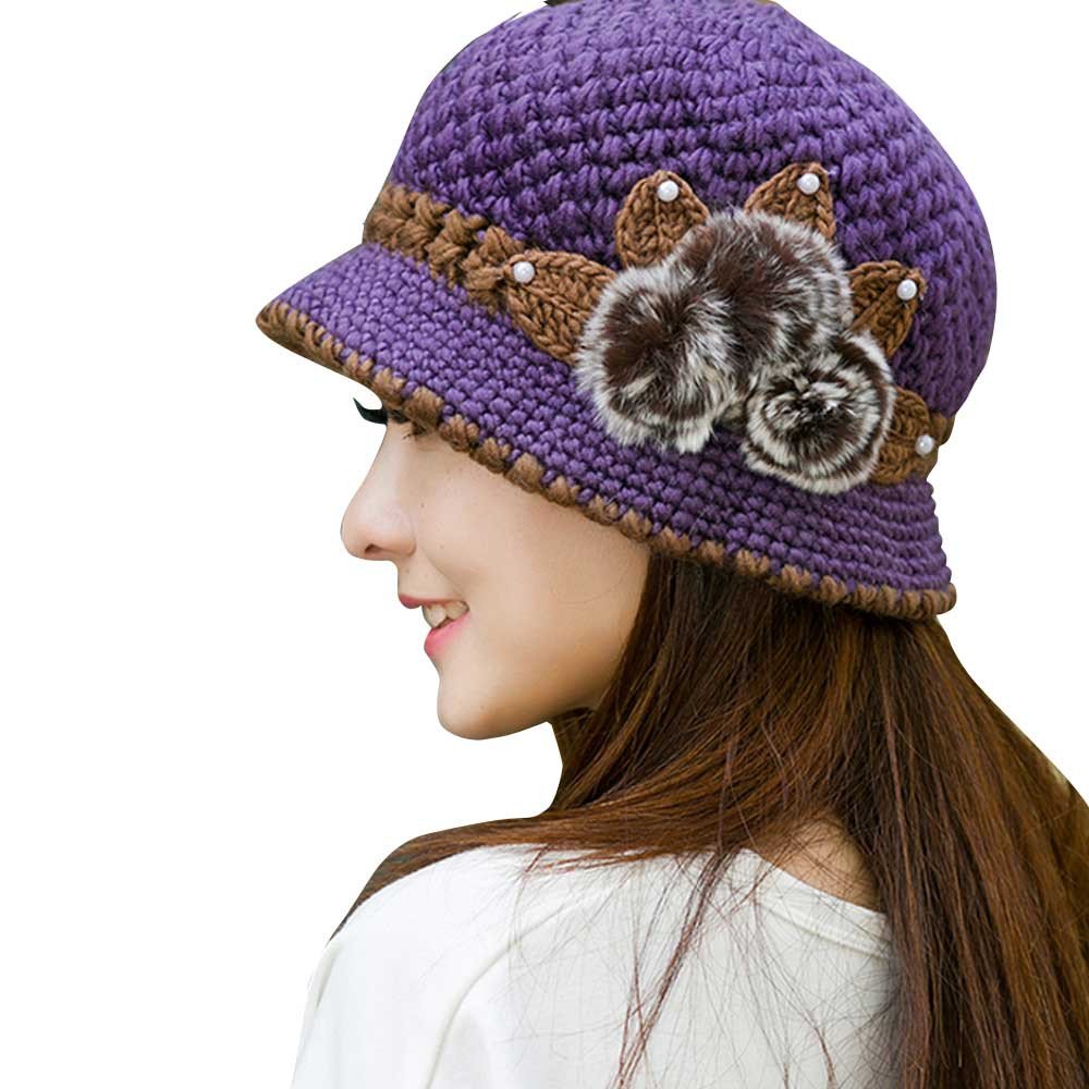FIN86 Winter Knit Hat for Men & Women - Warm Crochet Beanie with Floral Ear Flaps - One Size Purple - Perfect for Cold Weather, Outdoor Activities & Fashion Accessories