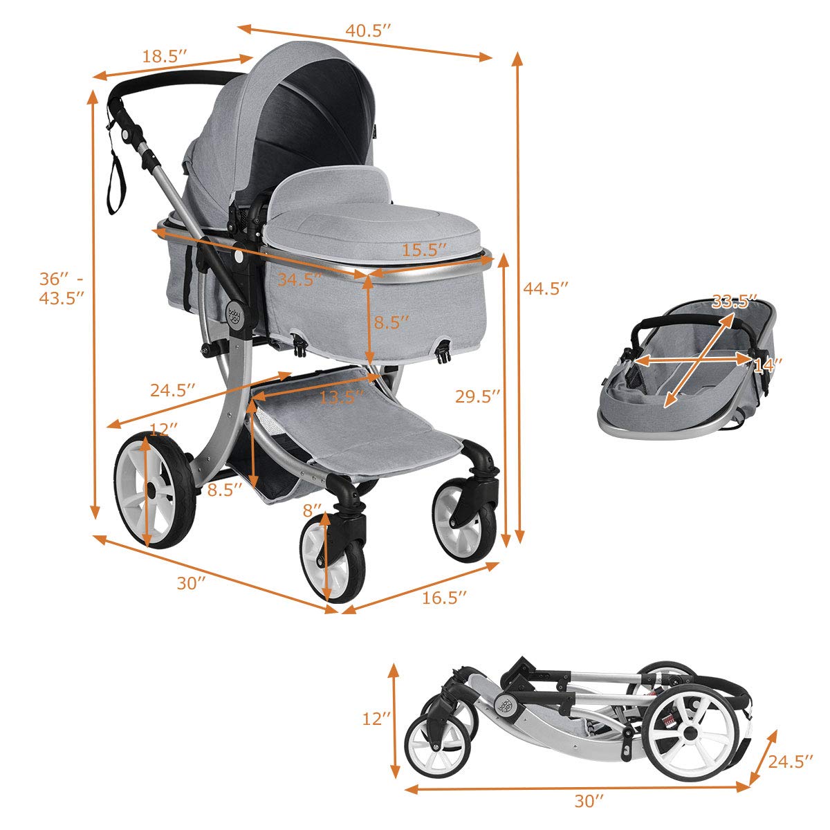 **HONEY JOY Baby Stroller - Convertible Infant Bassinet Stroller with Adjustable Canopy, Backrest & Storage Basket | Foldable Newborn Carriage Pram for Outdoor Walks, Shopping & Travel (Gray)**