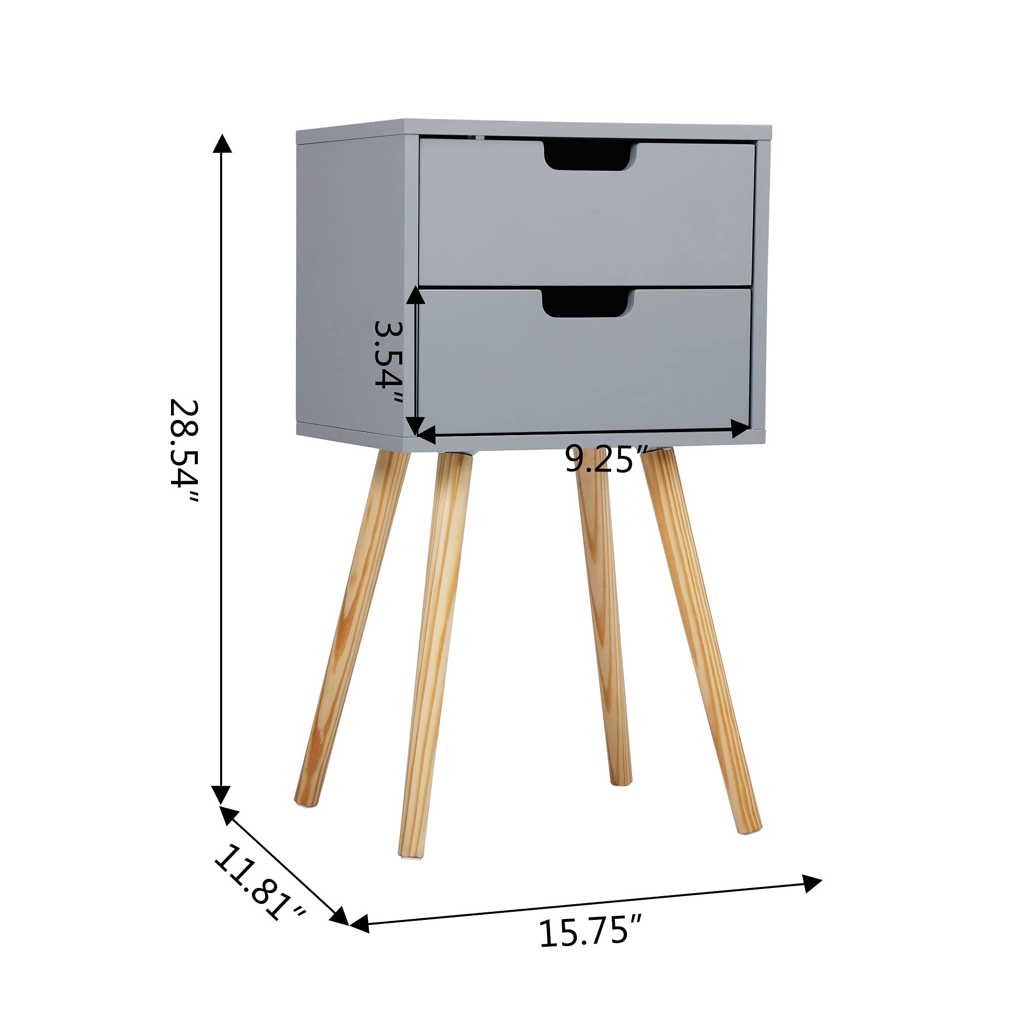 Mid-Century Modern Nightstand Set of 2 - Wooden Bedside Table with 2 Drawers, Grey End Table for Bedroom, Living Room & Office - Perfect for Small Spaces & Apartment Decor