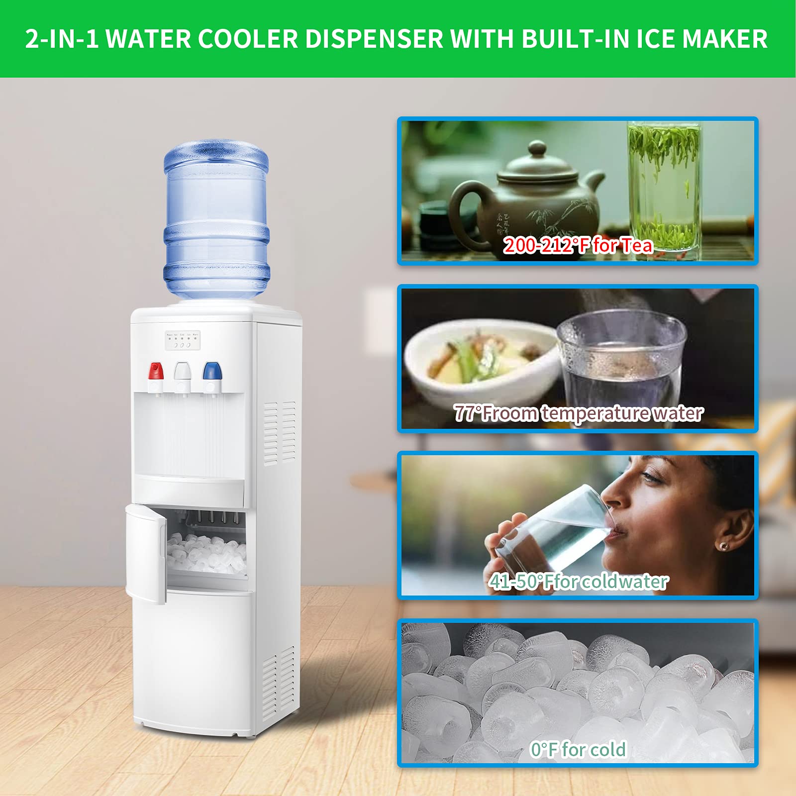 Antarctic Star 2-in-1 Water Cooler Dispenser with Built-in Ice Maker | Hot & Cold Top Loading 3-5 Gallon Bottle Water Dispenser | 27LBS/24H Ice Production | Child Safety Lock | White | Perfect for Home, Office & Kitchen Use