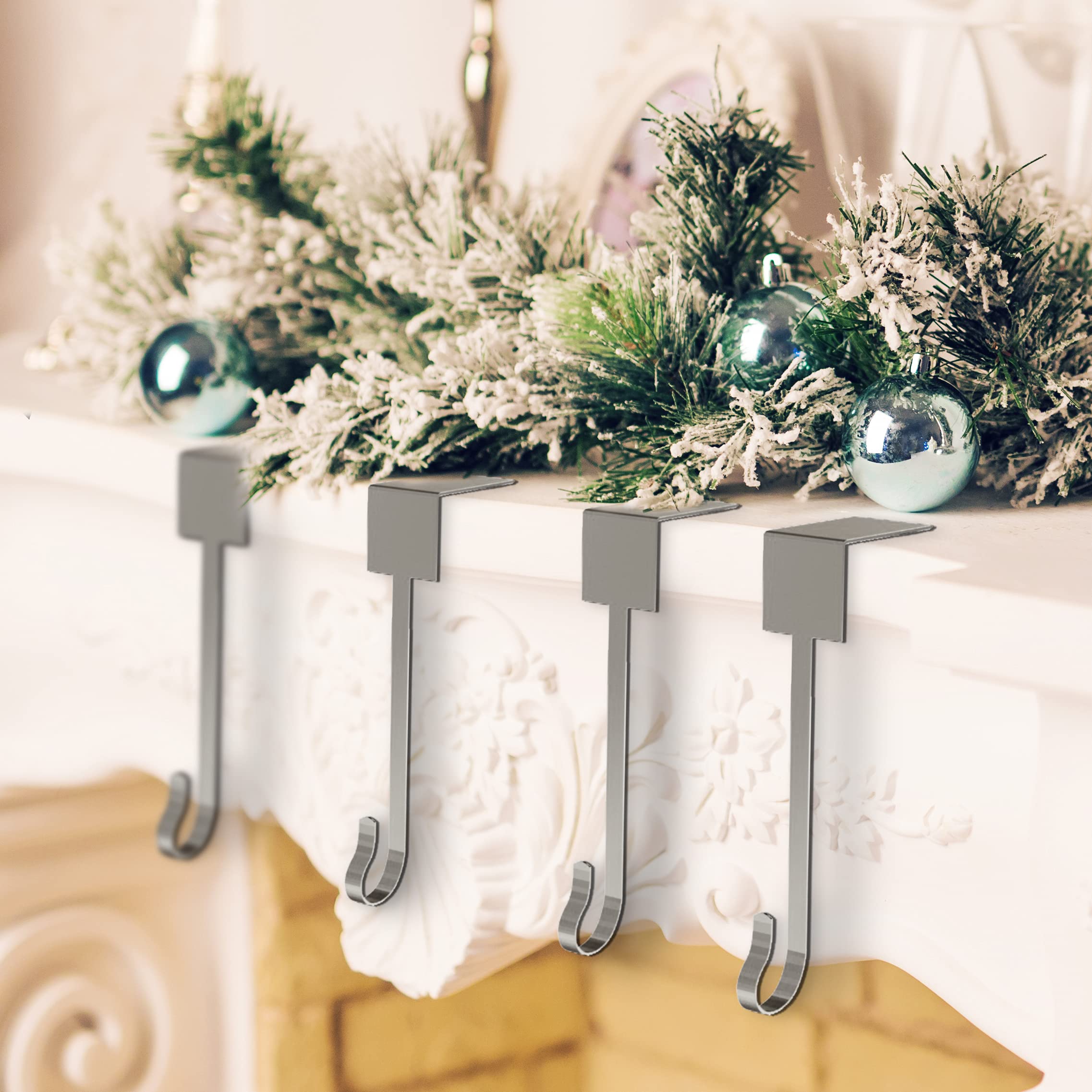 4 Pack Christmas Stocking Holders for Fireplace Mantel - Non-Slip Safety Hangers with Damage-Free Grip, Black Xmas Stocking Hooks (Perfect for Holiday Decor, Family Gatherings & Festive Home Styling)