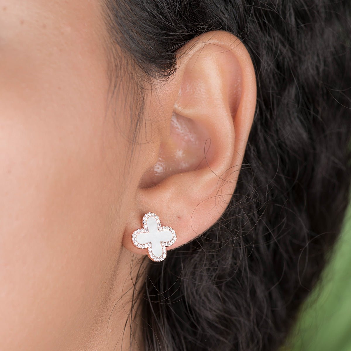 14K Rose Gold Mother of Pearl and Diamond Halo Clover Earrings - Elegant Dangle Stud Earrings for Women, Perfect for Weddings, Parties & Special Occasions