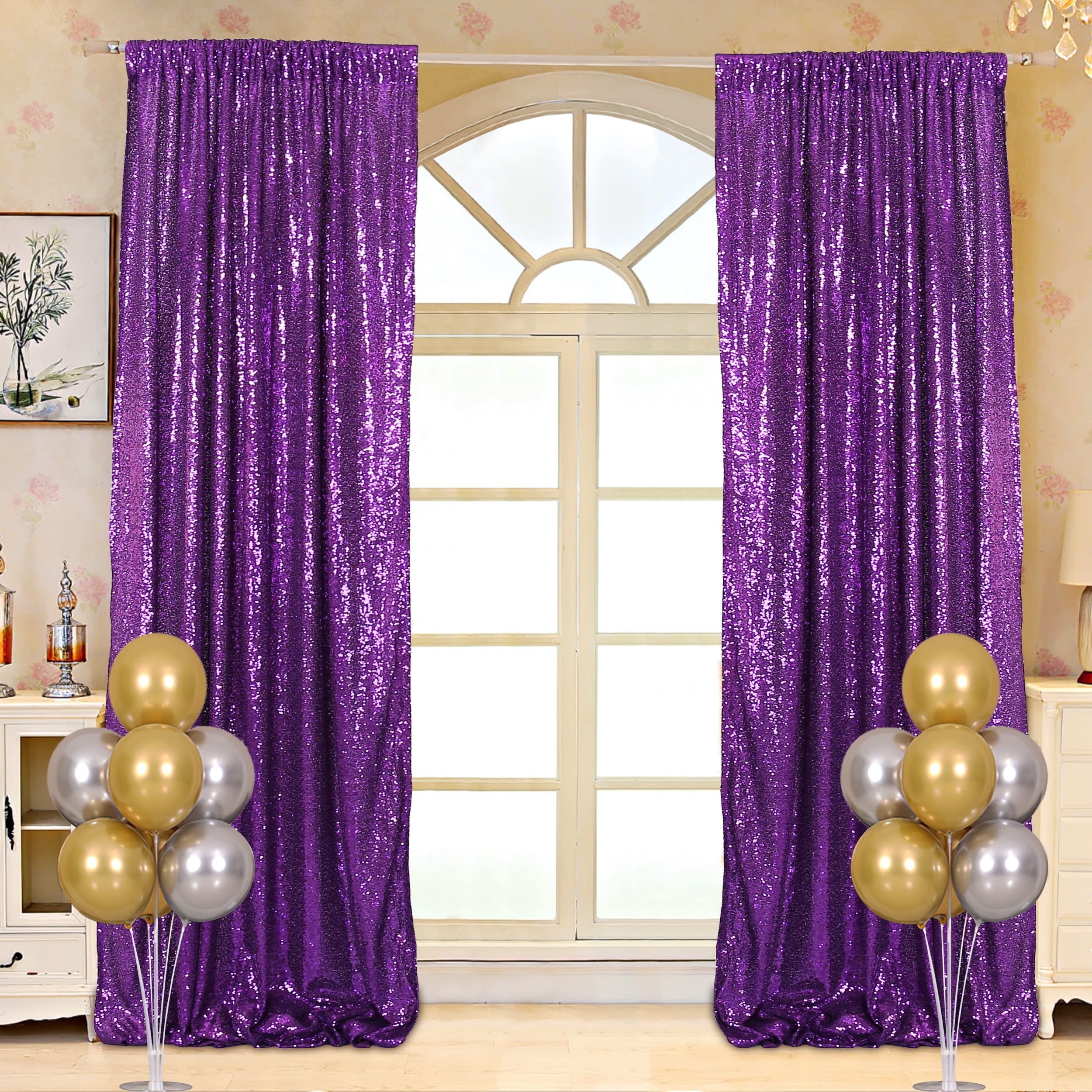 Zdada 2PCS Sequin Photography Backdrop - 2.5x8.5ft Sparkly Purple Glitter Background for Wedding, Birthday Party & Event Decor | Perfect for Photo Booths, Stage Backdrops and Social Media Content Creation