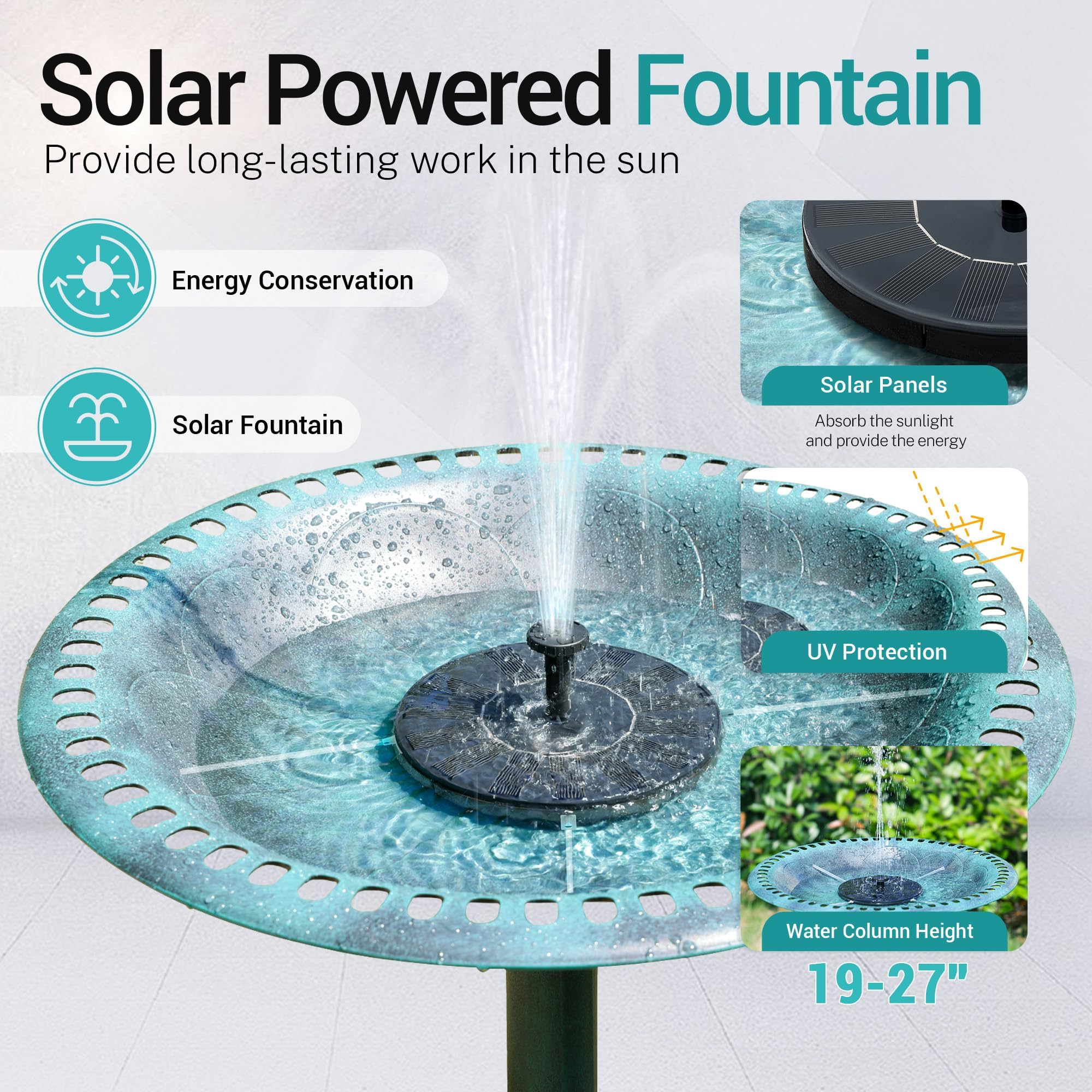 28 Inch Solar Powered Fountain Bird Bath - Antique Polyresin Standing Birdbath for Outdoor Garden Decor, Green - Perfect for Attracting Birds to Your Backyard or Patio