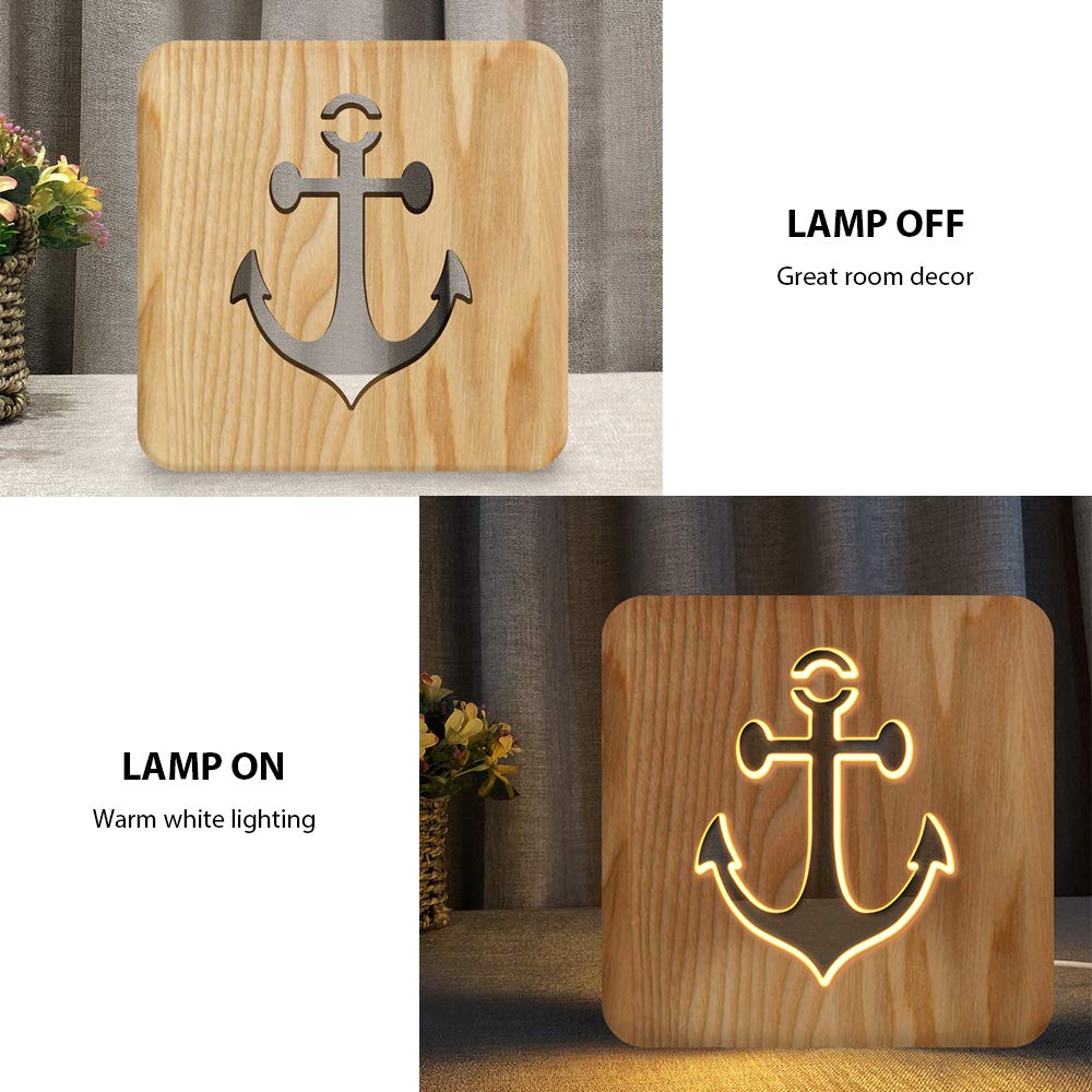 Handcrafted Wooden Sailing Boat Anchor Night Light - Warm White LED Nautical Bedside Lamp for Home, Bedroom, Party & Boat Decor | Unique Ocean-Themed Gift for Men, Women & Sea Lovers | Perfect for Bedside Tables, Nurseries & Marine-Themed Weddings